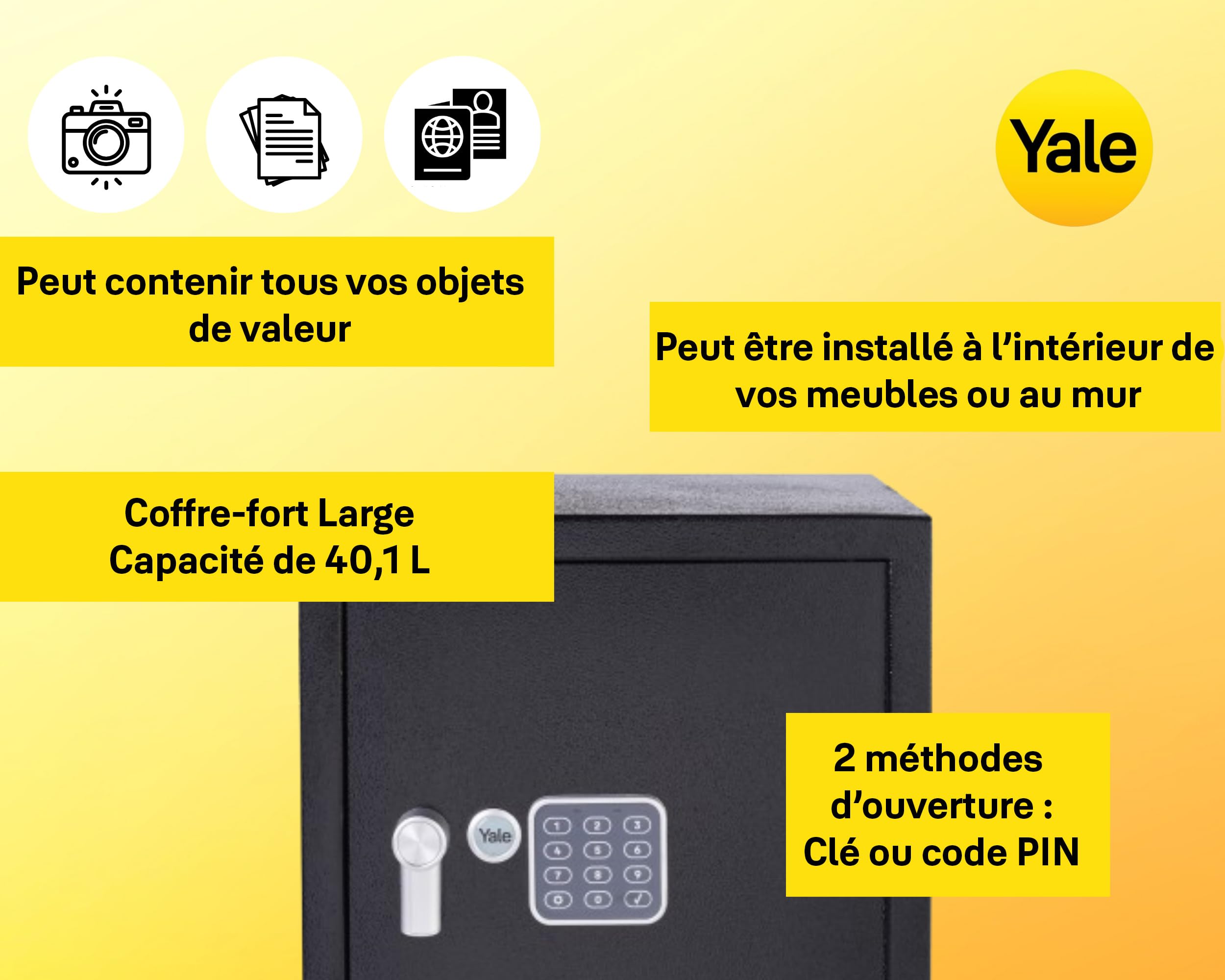 Yale Coffre-fort Électronique - Large 40L - Serrure 100 000 combinaisons, verrou électronique code 3 à 8 chiffres - dimensions 39x35x36cm YSV/390/DB2