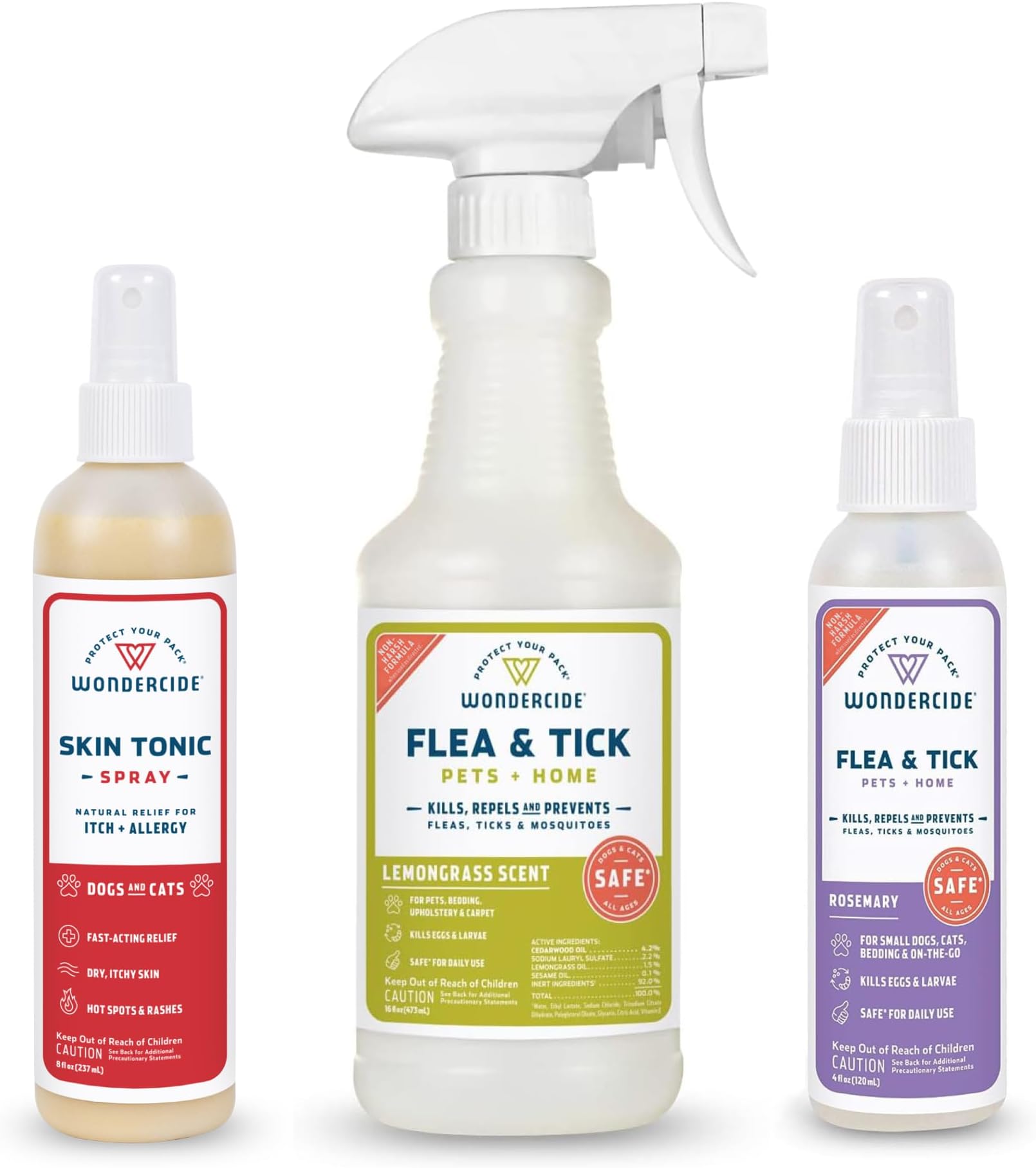 Wondercide - Pet Parent Kit for Dogs and Cats - Flea, Tick, Mosquito Control Spray Pack with Natural Essential Oils - 16 oz Lemongrass, 4 oz Rosemary, and 8 oz. Skin Tonic Spray and First Aid Remedy