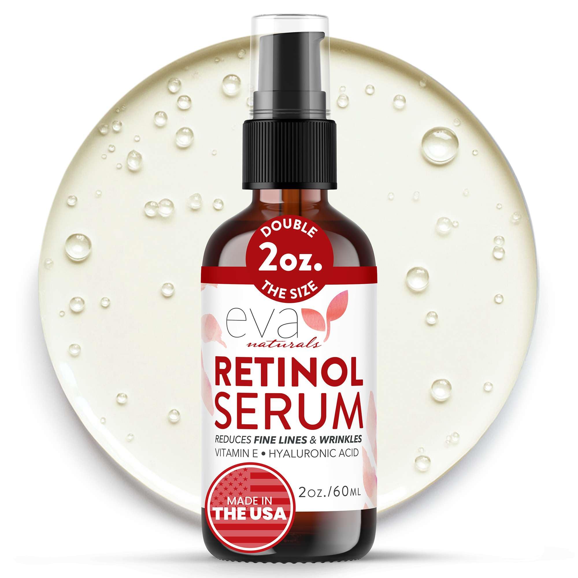 Retinol Serum 2.5% by Eva Naturals (60 ml, Double-Sized Bottle) - Best Anti-Aging Serum, Minimizes Wrinkles, Helps Prevent Sun Damage, and Fades Dark Spots - Vitamin A Retinol with Hyaluronic Acid