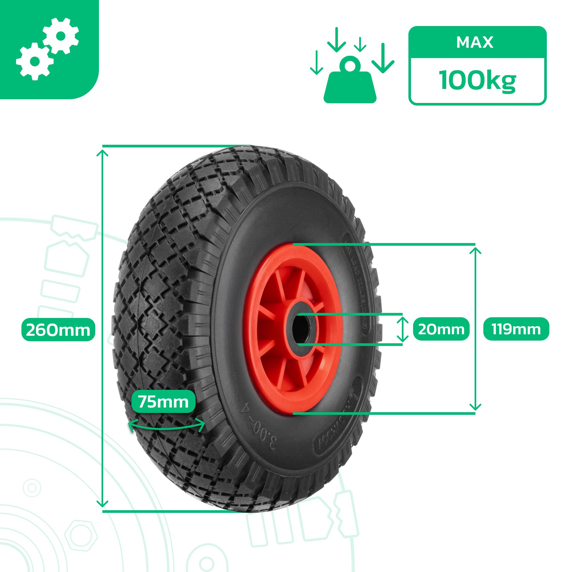MOOVMOOV 2x Roues Diables Increvables 3.00-4 (260x85 mm) - Alésage 20mm - Pour Diable, Chariot et Autres. Pneu Plein avec jante PVC - Inclus Bagues de Serrage avec Clé Allen + Calottes Autobloquantes