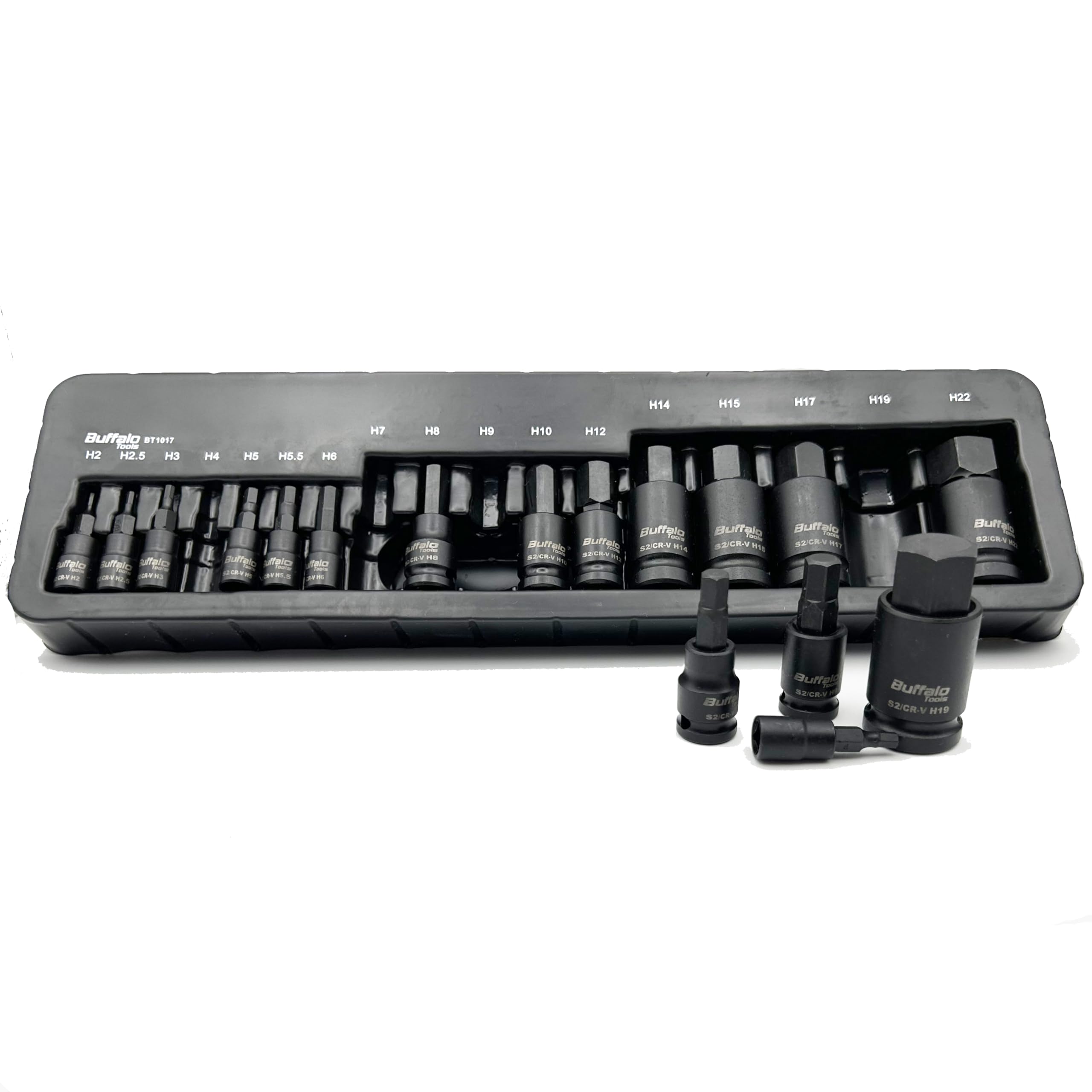 Buffalo Tools Black 17Pc Hex Impact Bit Socket Set H2-H22 Allen Key 1/4 3/8 1/2'' Dr Mixed Drive Durable Vanadium Steel, Rust Resistant Finish, 2-22Mm Tool Set With Storage Tray, Allen Keys