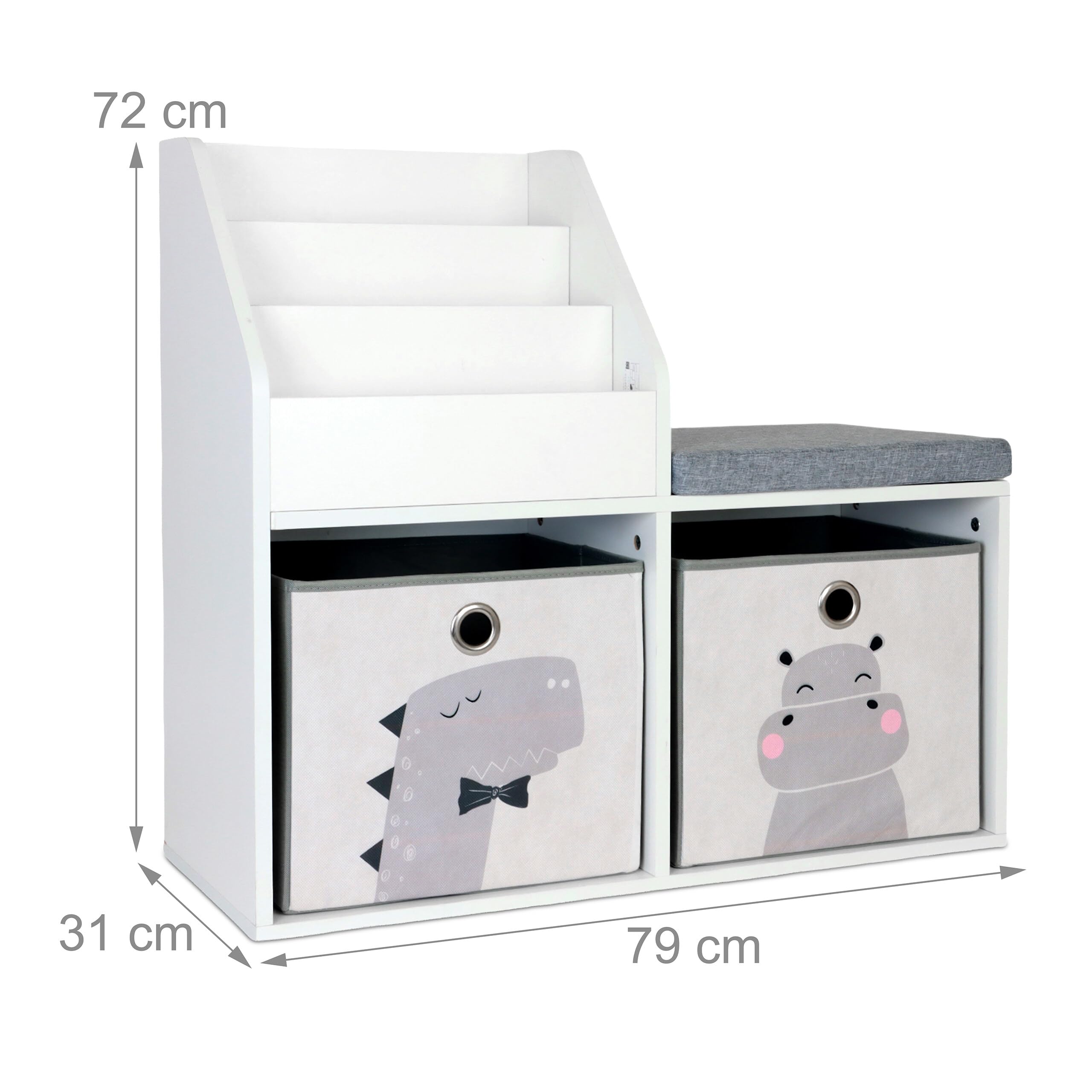 Panca per Bambini Relaxdays con Spazio per riporre, HLP: 72 x 79 x 31 cm, 2 scatole Pieghevoli, libreria, Bianco/Grigio