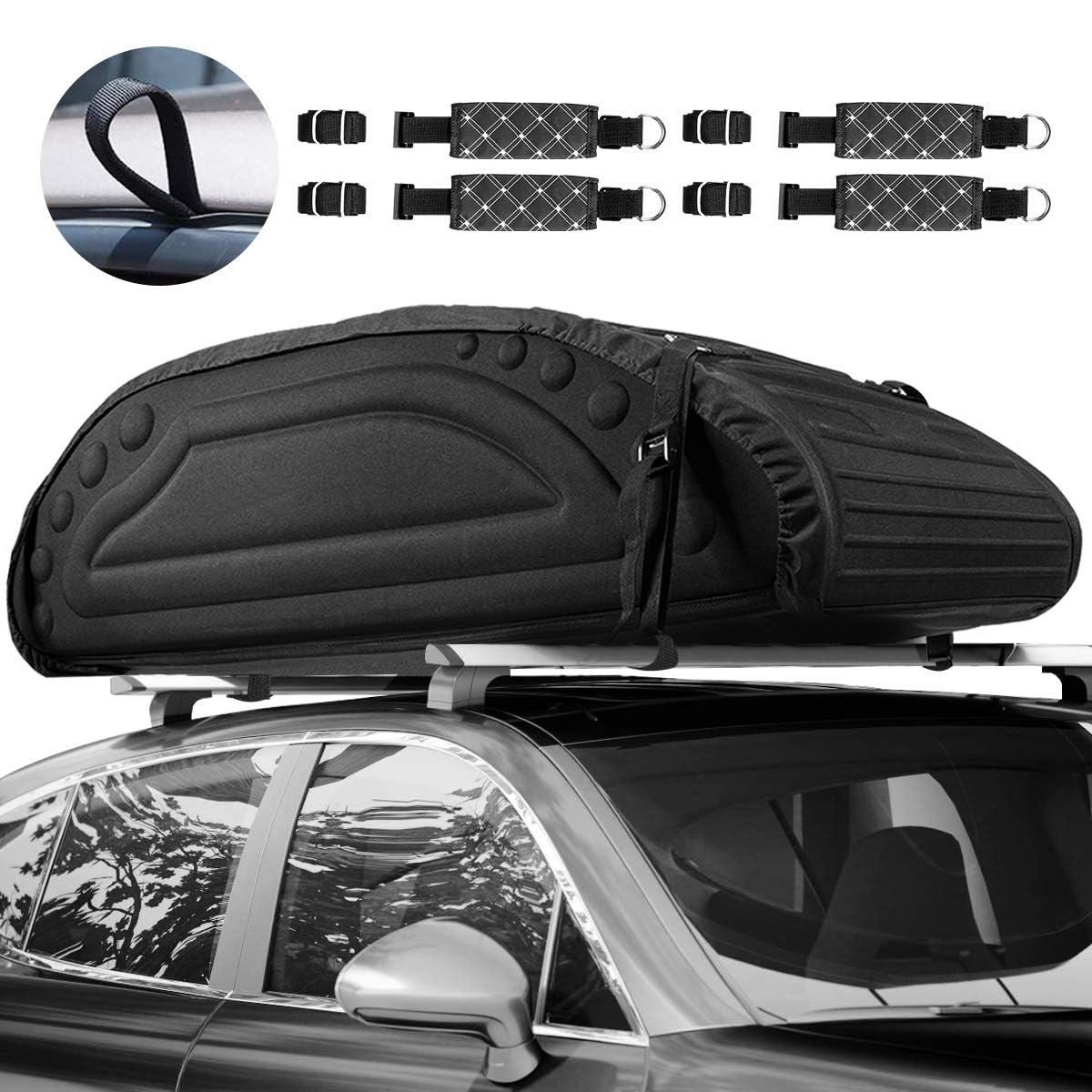 COSTWAY 400L Dachbox Auto, Dachkoffer mit Gurten & Tragetasche, Dachtasche aus Leinenstoff, Gepäcktasche, Gepäckbox, Dachgepäckträger Tasche für Autos, SUV (Schwarz)