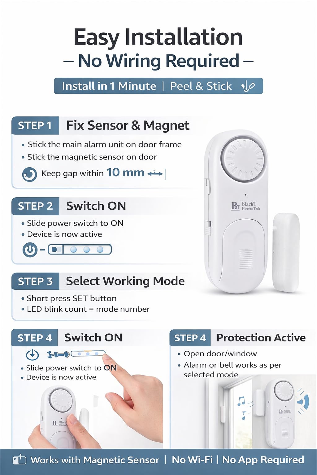 BlackT Electrotech (BT51D) 120dB Wireless Door Bell & Window Alarm Sensor – 4in1 Smart Calling Bell for Home, Office Cabin & Property Security – No Wire, Easy Installation 2