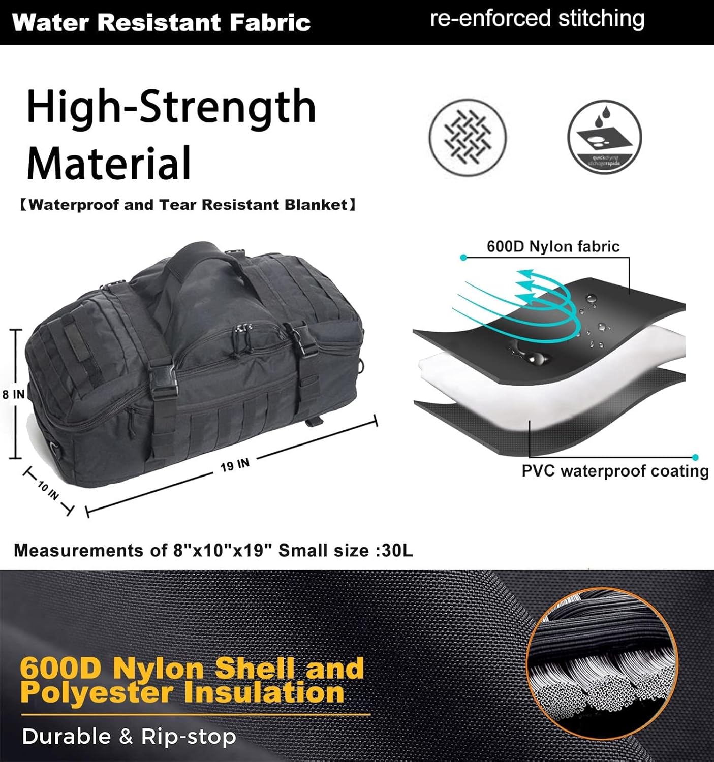 Travel Duffle Bag Backpack for Men - Large Tactical Bags Weekender Gym Bag for Overnight Traveling Military Workout Deployment Sports (Black, 25L) - Image 4