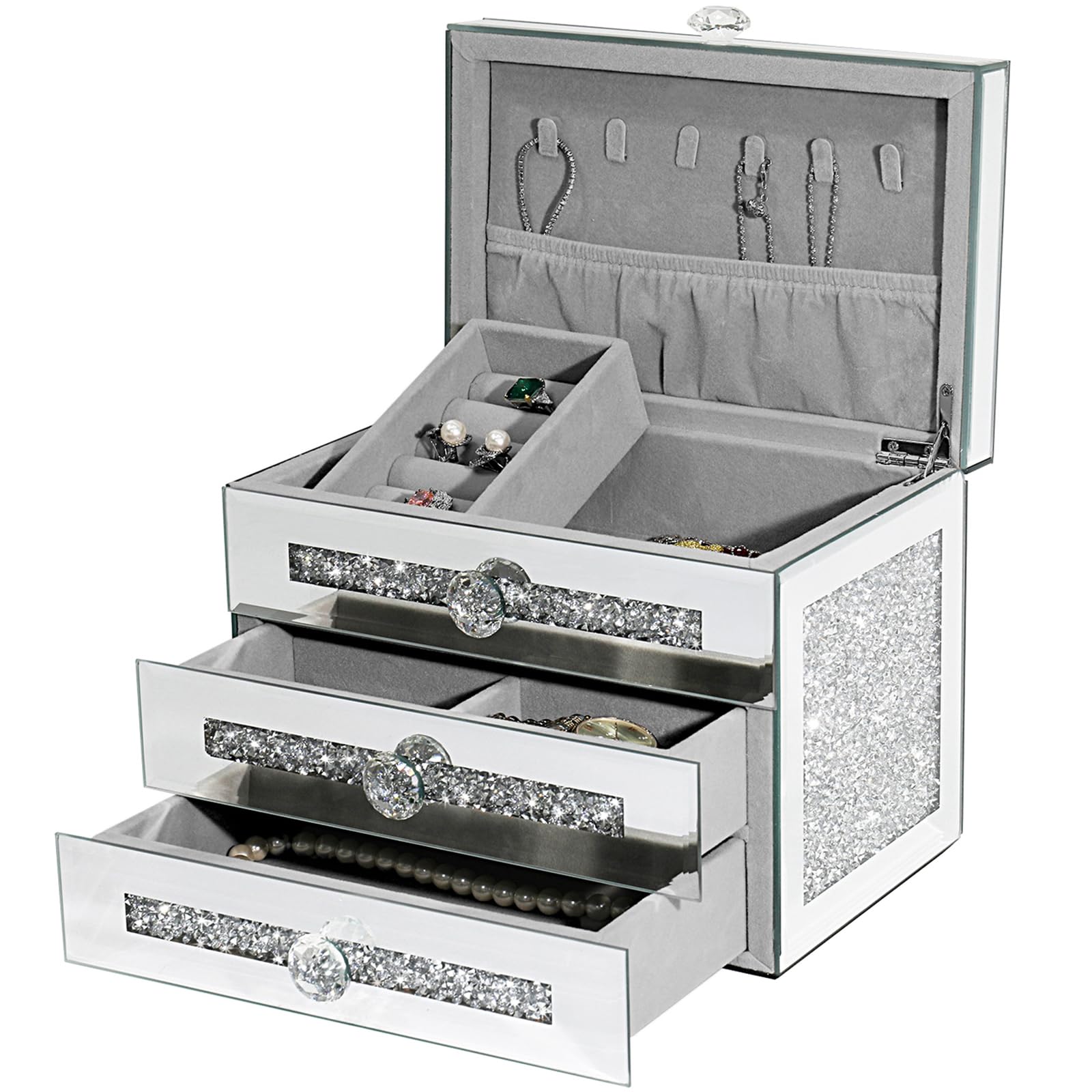 Joyero con espejo, 3 capas y 2 cajones, organizador de joyas de cristal con tapa, cajas de almacenamiento para collares, anillos y