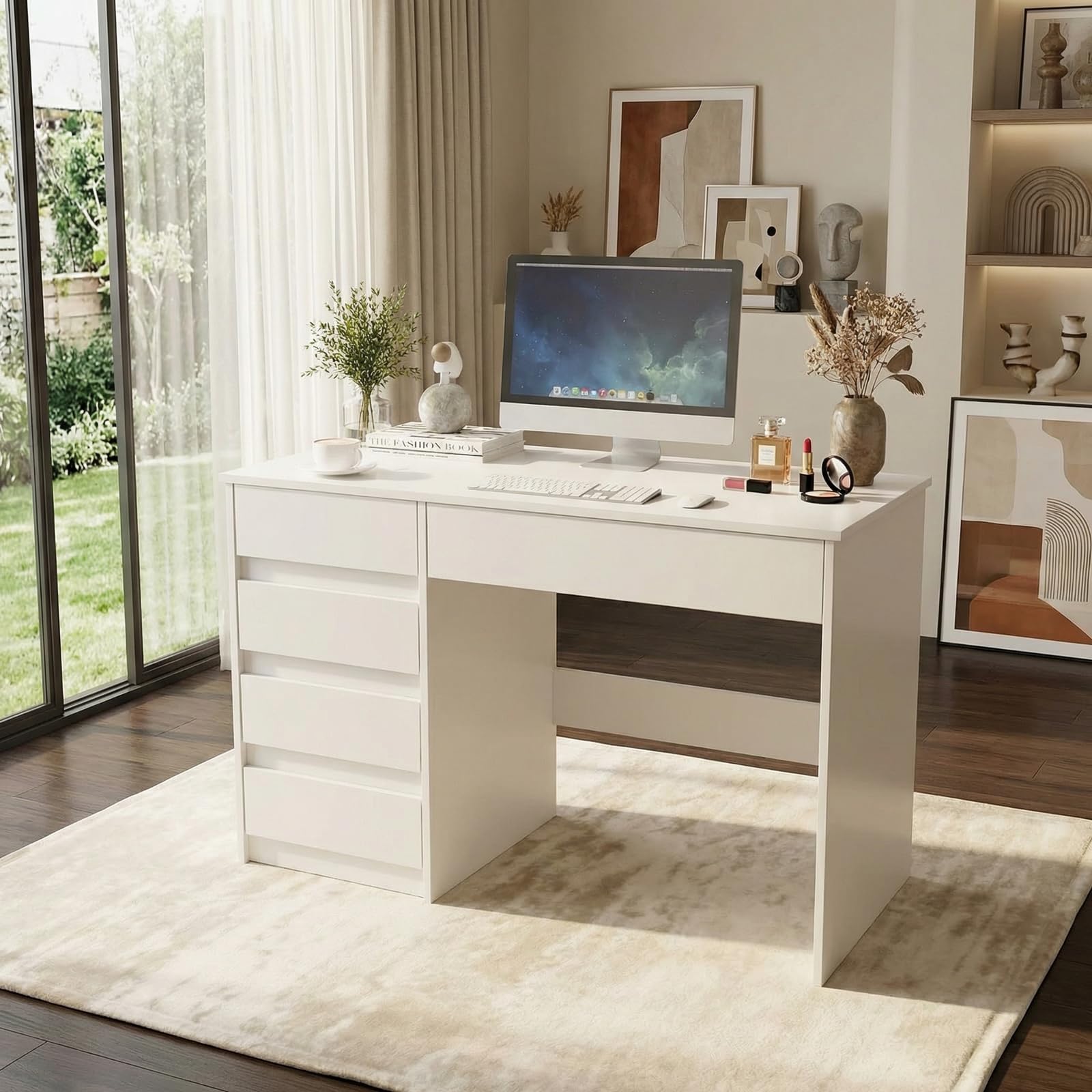 VOWNER Scrivania per Computer, Scrivania Salvaspazio con 5 Cassetti da Ufficio Salvaspazio Cameretta, per Ufficio/Camera da Letto, 110x50x75cm (Bianco)