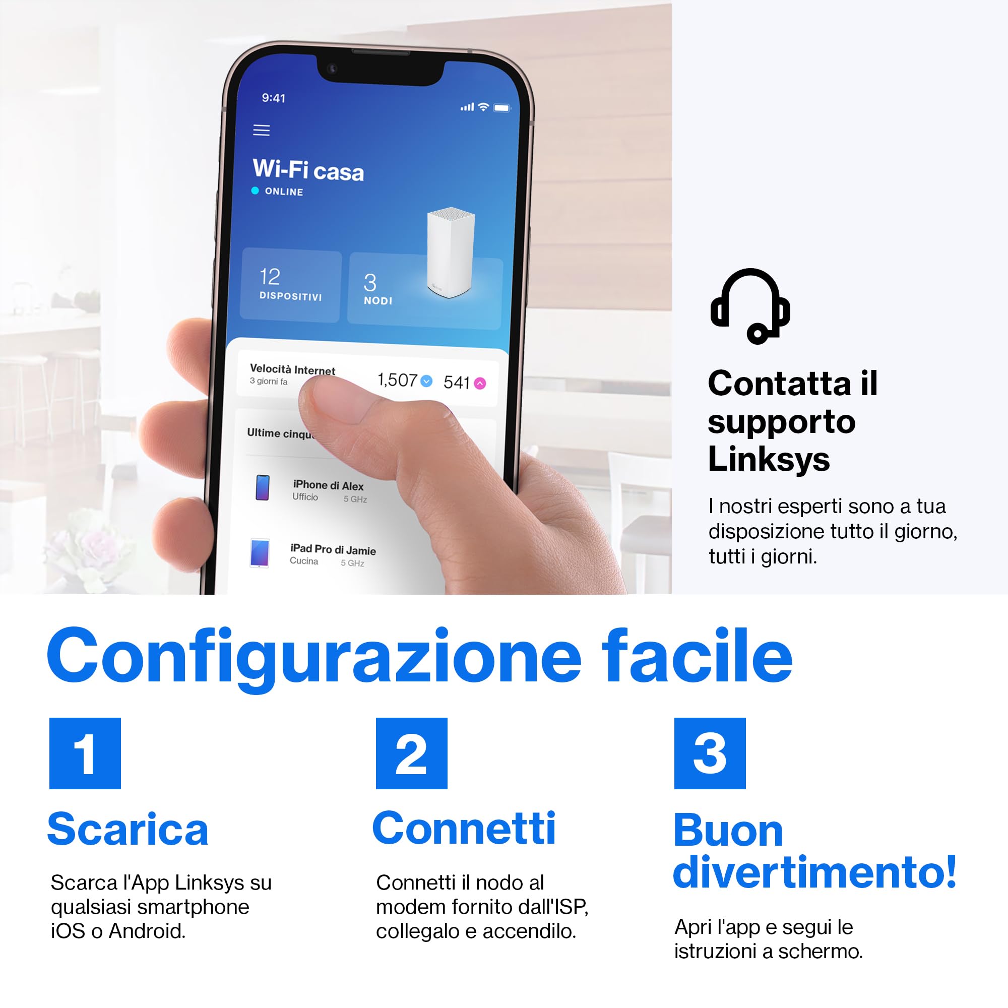 Linksys Velop MX4200 Sistema WiFi 6 mesh Tri-Band (AX4200), router WLAN con 260 m² di copertura e velocità 3,5 volte più rapide per più di 40 dispositivi - Confezione da 1, bianco