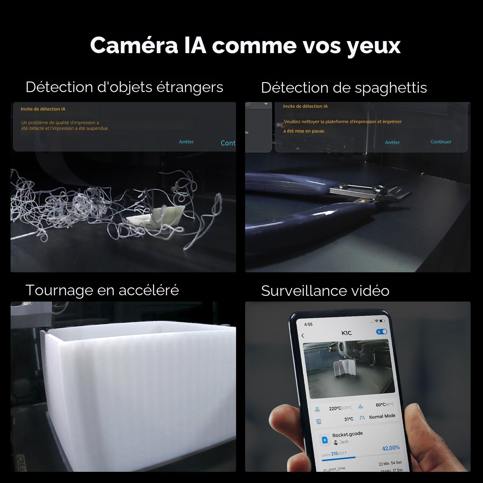 Creality K1C Imprimante 3D, Vitesse d'impression Max de 600mm/s, Équipée d'une Caméra IA, kit Extrudeur Tout Métal, Buse à Échange Rapide en Trois Métaux, Supporte Les Filaments en Fibre de Carbone