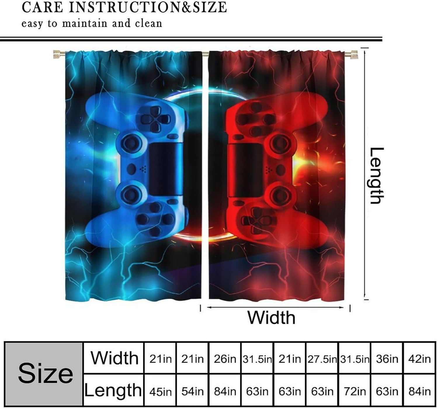 Boys Gaming Game Controller Blackout Curtains, Lightning Flame Blue Red Colorful Window Treatments for Teens Kids Girls Bedroom Living Room Bathroom Home Drapes 63x63 Inch