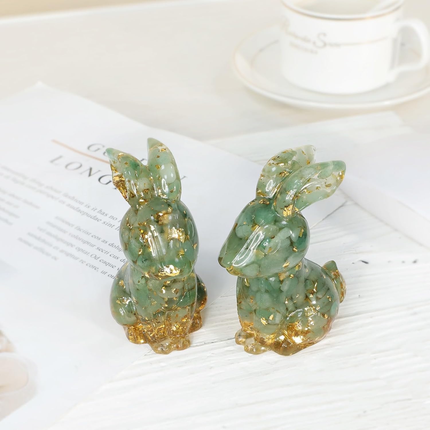 Nupuyai Green Aventurine Resin Rabbit Bunny Statue, Stone Rabbit Figurines for Home Decor Garden Office Desk