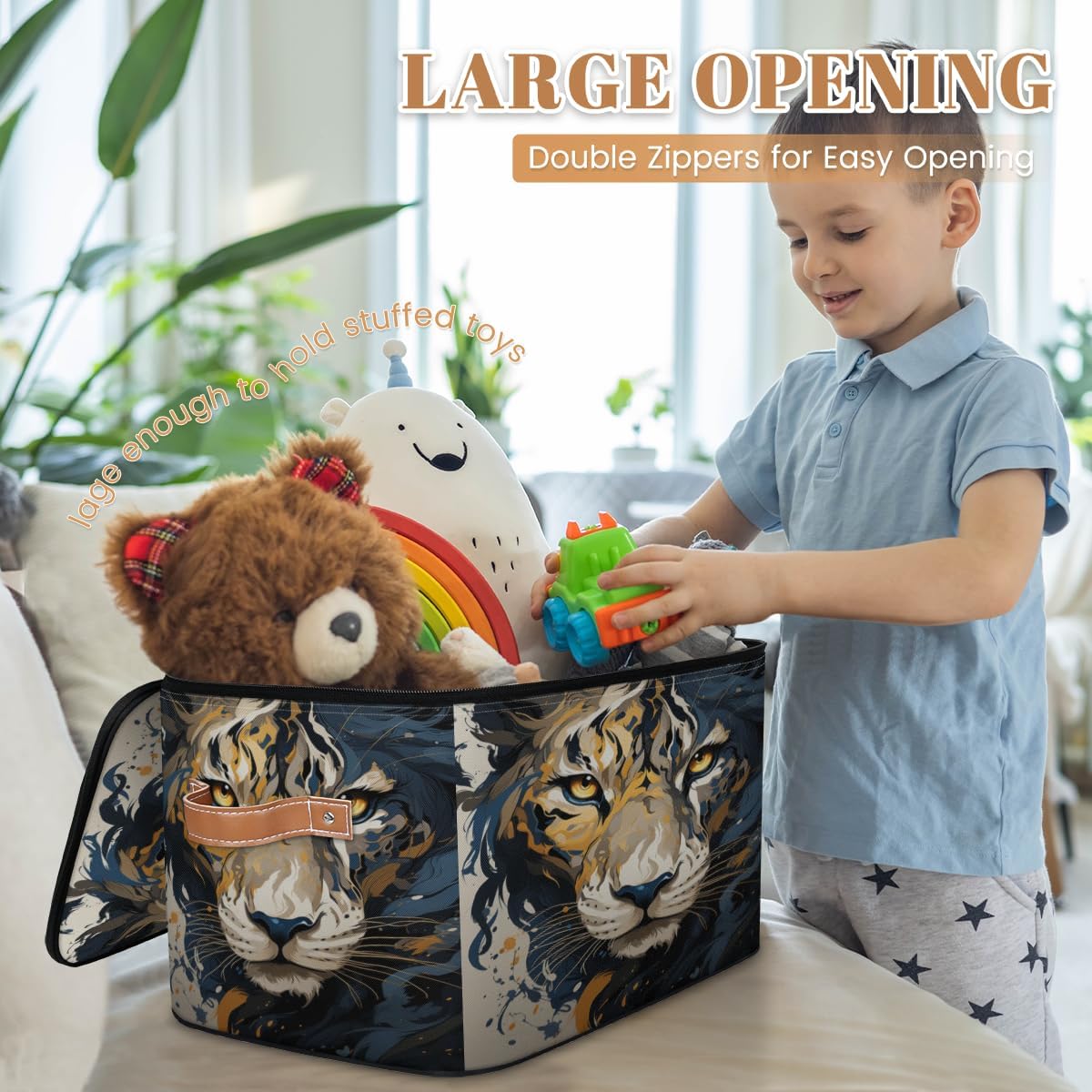 Storage Bin Set of 2 3D Leopard Storage Basket with Zipper Lid & Handle Foldable Closet Shelf 2 Pack Cloth Organizer Basket Cube Bins Clothes Organizer for Bedroom, Nursery