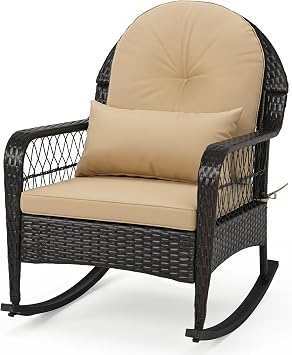 ORALNER Wicker Patio Rocking Chair, Outdoor PE Rattan Rocker with Seat and Back Cushion, Waist Pillow, Armrests, Garden Chair for Porch, Backyard, Poolside, Deck 1, Beige