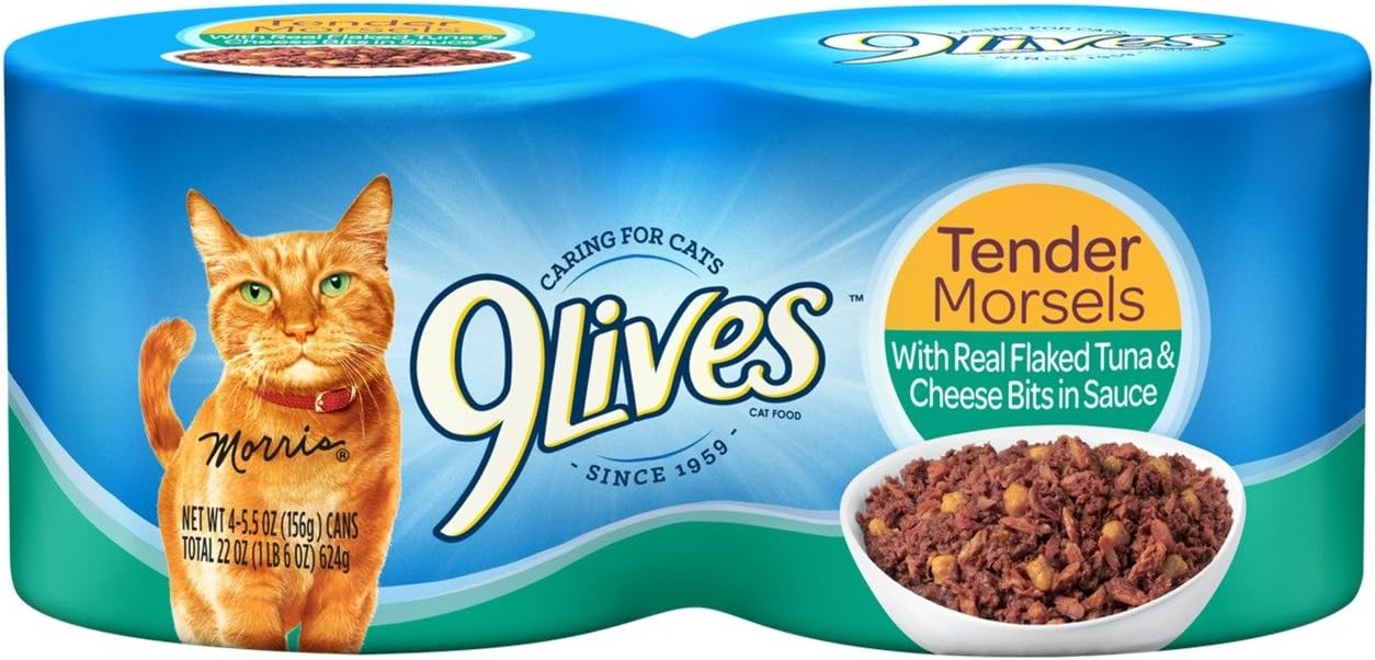 9Lives Tender Morsels With Real Flaked Tuna & Cheese Bits In Sauce Wet Cat Food, 4/5.5-Ounce Cans (Pack Of 6)