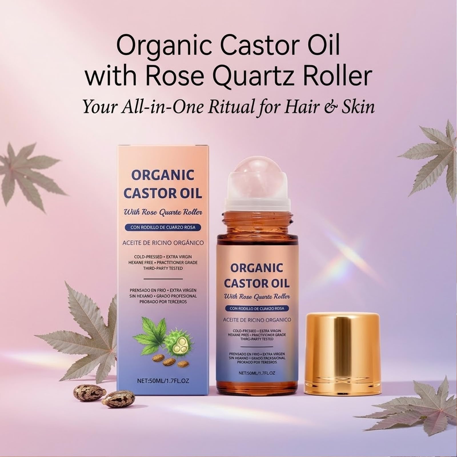 Bio-Rizinusöl mit Rosenquarz-Roller für Massage, Tiefenfeuchtigkeit Hautfeuchtigkeitscreme Kaltgepresstes Feuchtigkeitsöl für Hai, Augenbrauen, Wimpern, Haaransatz & trockene Haut, Nagel (5P)