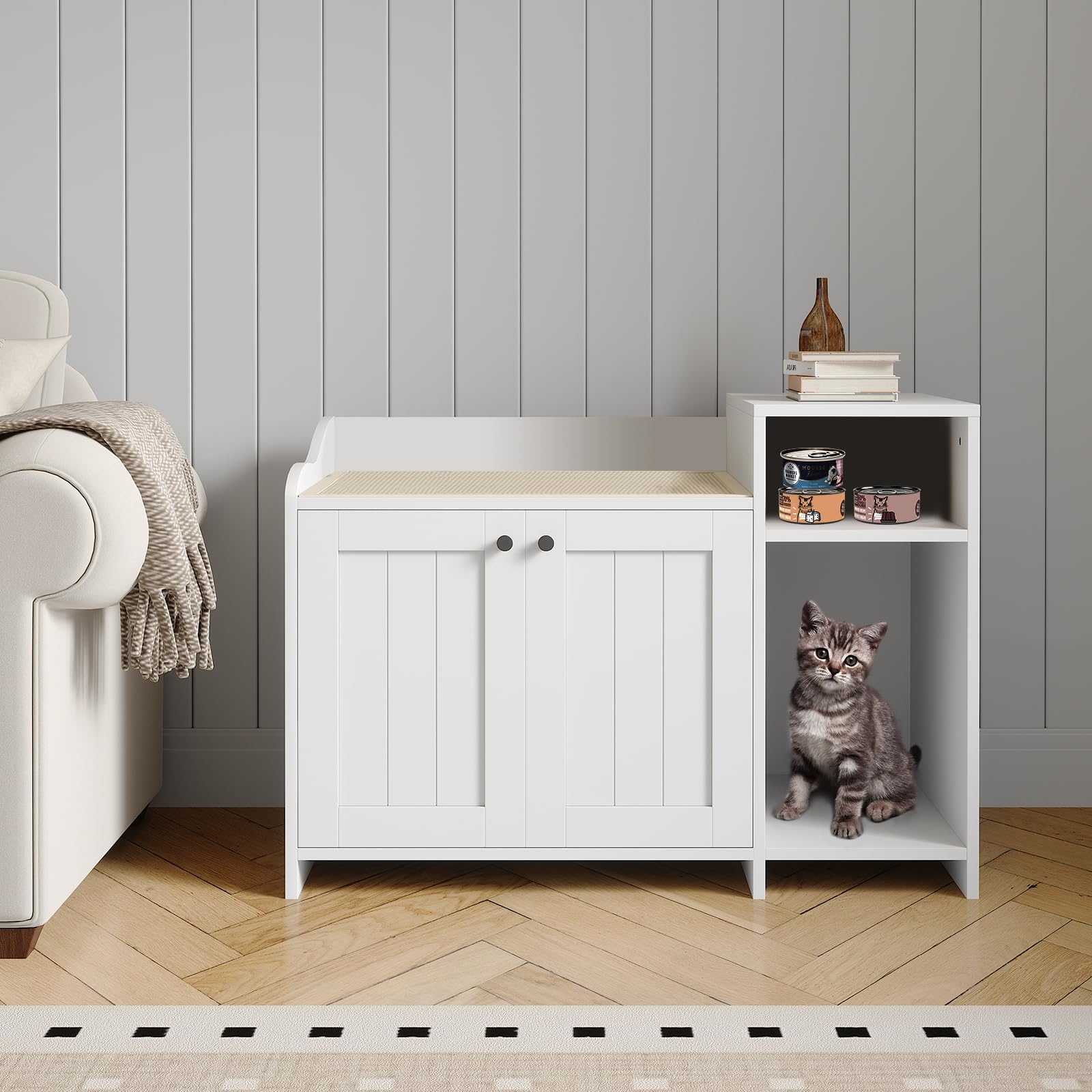 Modern Litter Box Enclosure Cabinet, Wooden Concealed Litter Box with Vent Door/Side Storage/Drawers and Shelves, Versatile Cat Furniture for All Kinds of Cats, 33.8 x 19.7 x 24.2in, White