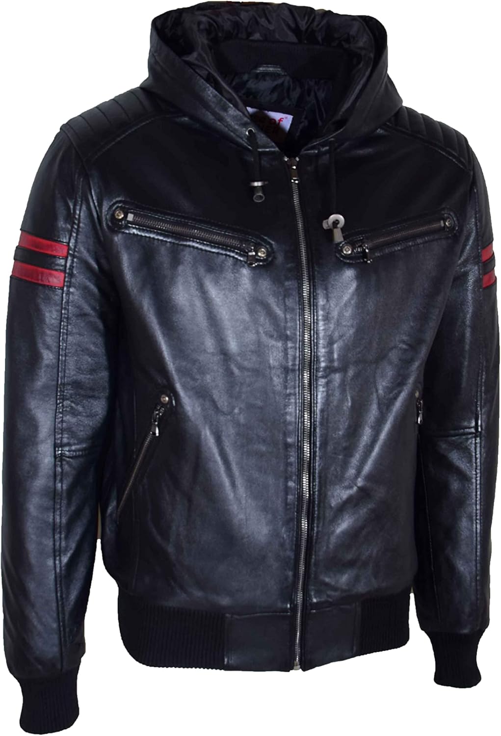 Mens Real Leather Bomber Zip Quilted Jacket Hooded Style RAMMY Black Size S M L XL XXL XXXL, Black, XL, Black, X-Large