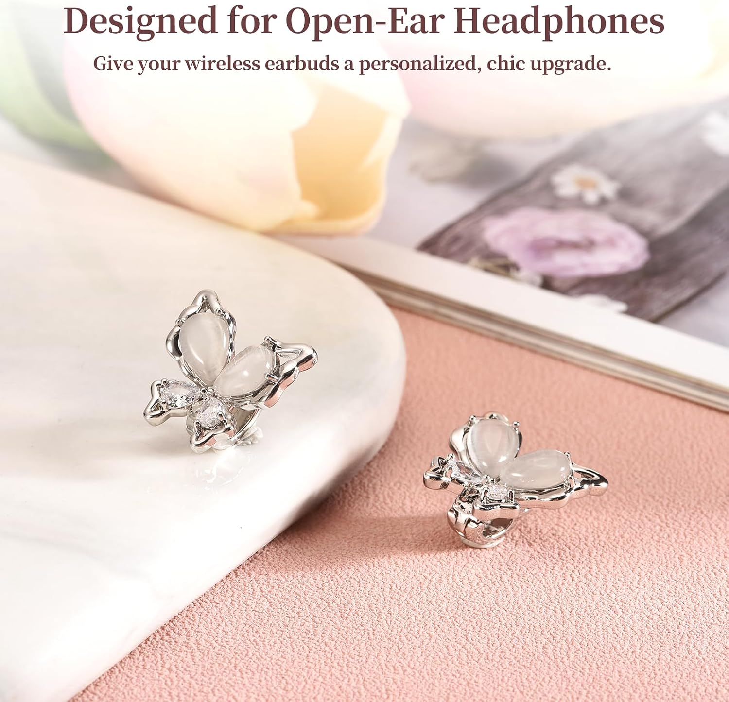 Clip on Earbuds Open Ear Accessories - Silver Cat Eyes Butterfly Lightweight Elegant Clip on Decorative Earphone Accessories for Wireless Earbud, Removable Exquisite DIY Decoration image 3
