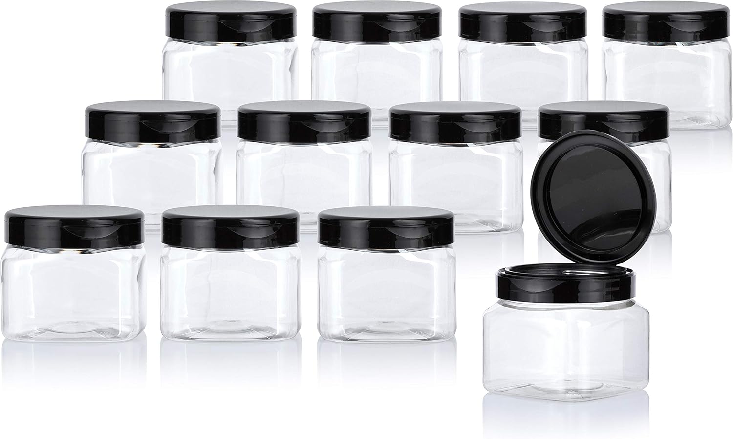 16 oz Clear Plastic PET Square Empty Jar with Black Flip Top Cap (12 pack)