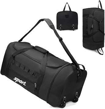 Large Rolling Duffel Bag for Travel with 2 Wheels Expandable Foldable Travel Bag No-Sag Design Lightweight Suitcase Luggage Bag for Men Women, Black