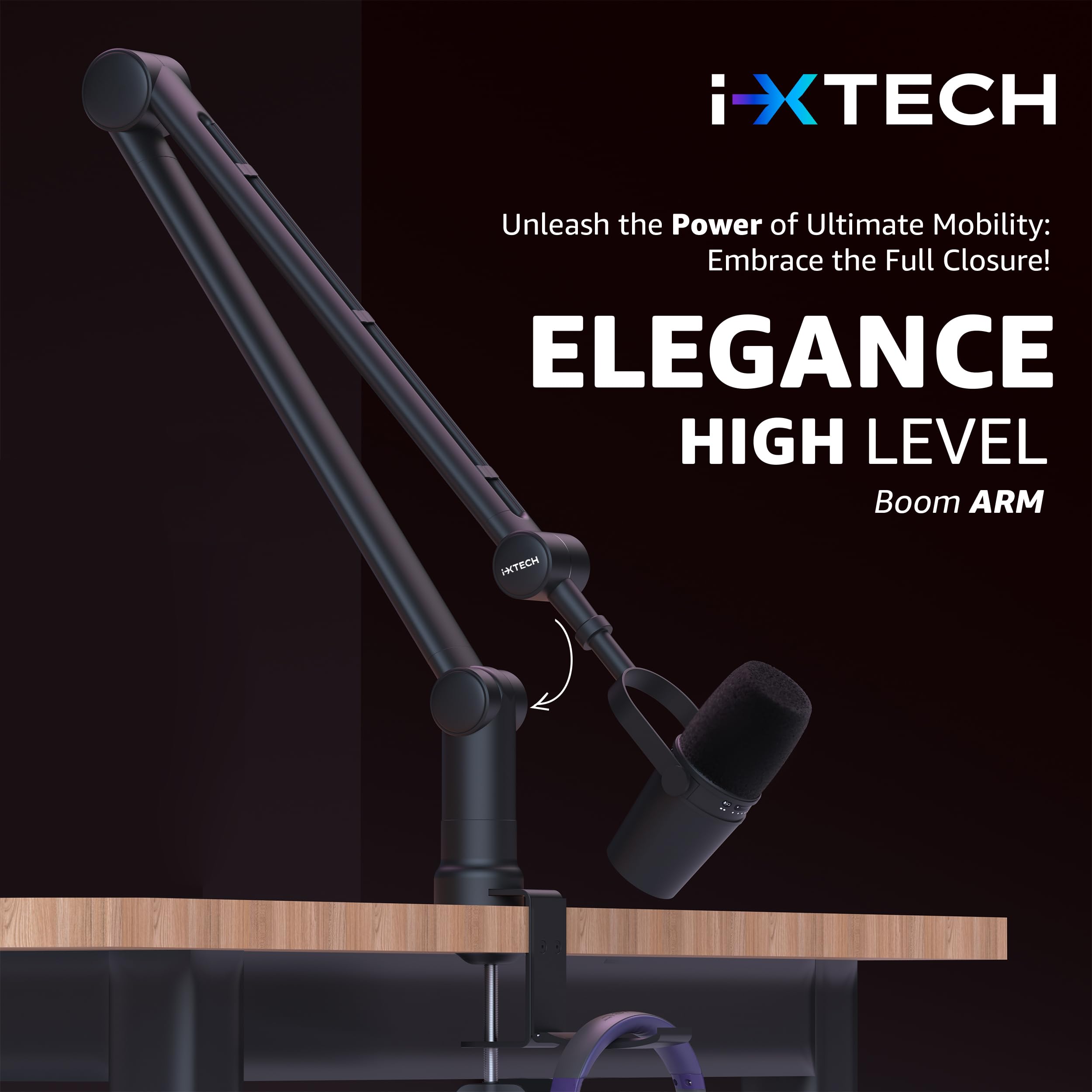 IXTECH Microphone Boom Arm with Desk Mount, 360° Rotatable, Adjustable and Foldable Scissor Mounting for Podcast, Video Gaming, Radio and Studio Audio, Sturdy and Universal - Elegance Model — Amazon image 2