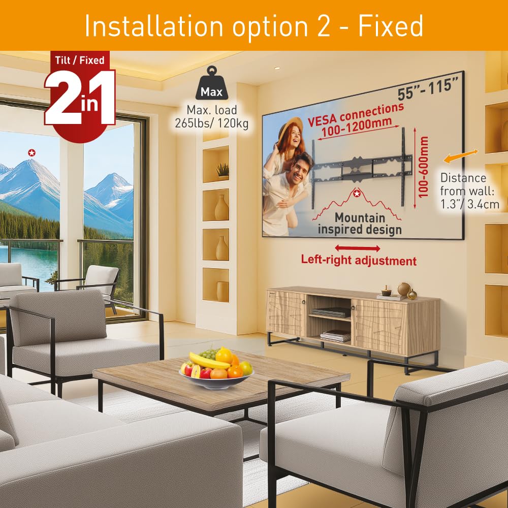 Barkan Soporte TV de Pared Inclinable para Pantallas de 55-115 Pulgadas, Pantalla Plana/Curva, Peso máximo 120Kg, Bloqueo, para LED OLED LCD, hasta VESA 1200X600