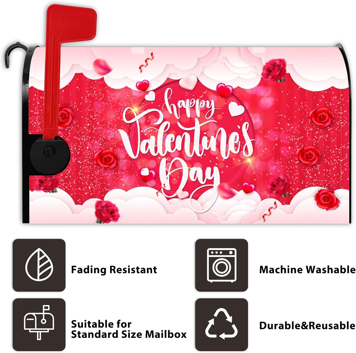 Baocicco Happy Valentine's Day Mailbox Cover Red Roses Love Heart Mail Box Cover Standard Size 21x18 Inches Magnetic Mailbox Covers Decorative for Holiday Modern House Outside Garden Yard