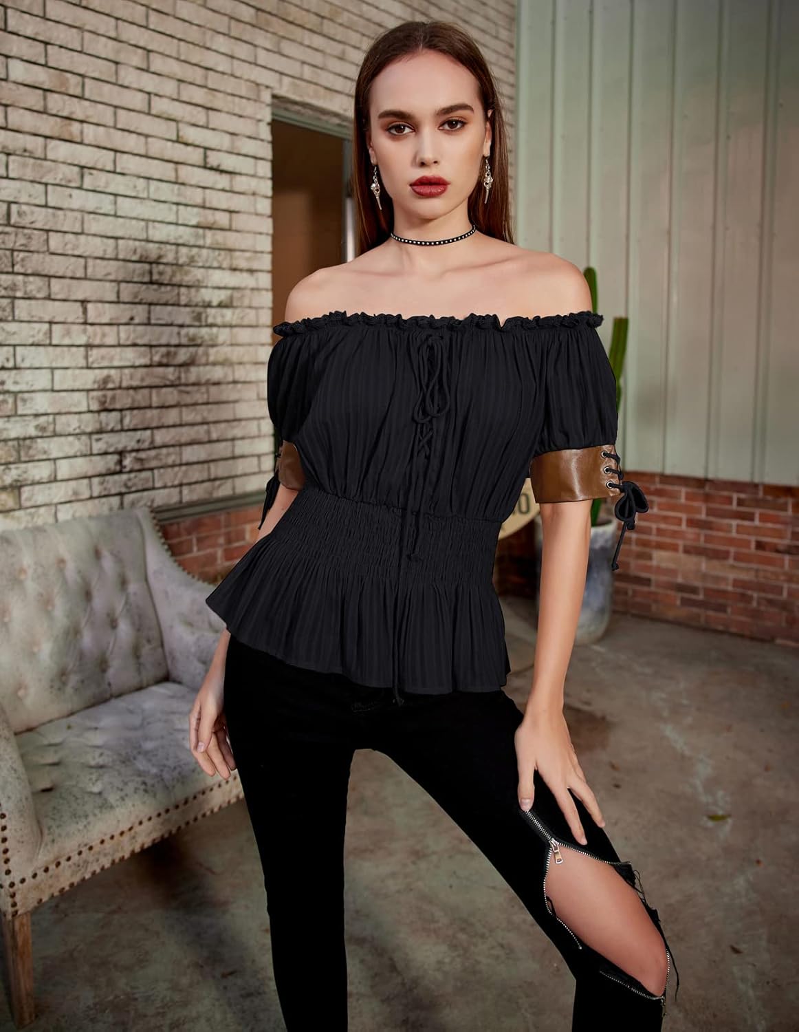 Belle Poque Women Renaissance Off Shoulder Blouse Smocked Waist Pirate Shirt Peplum Tops - Image 2