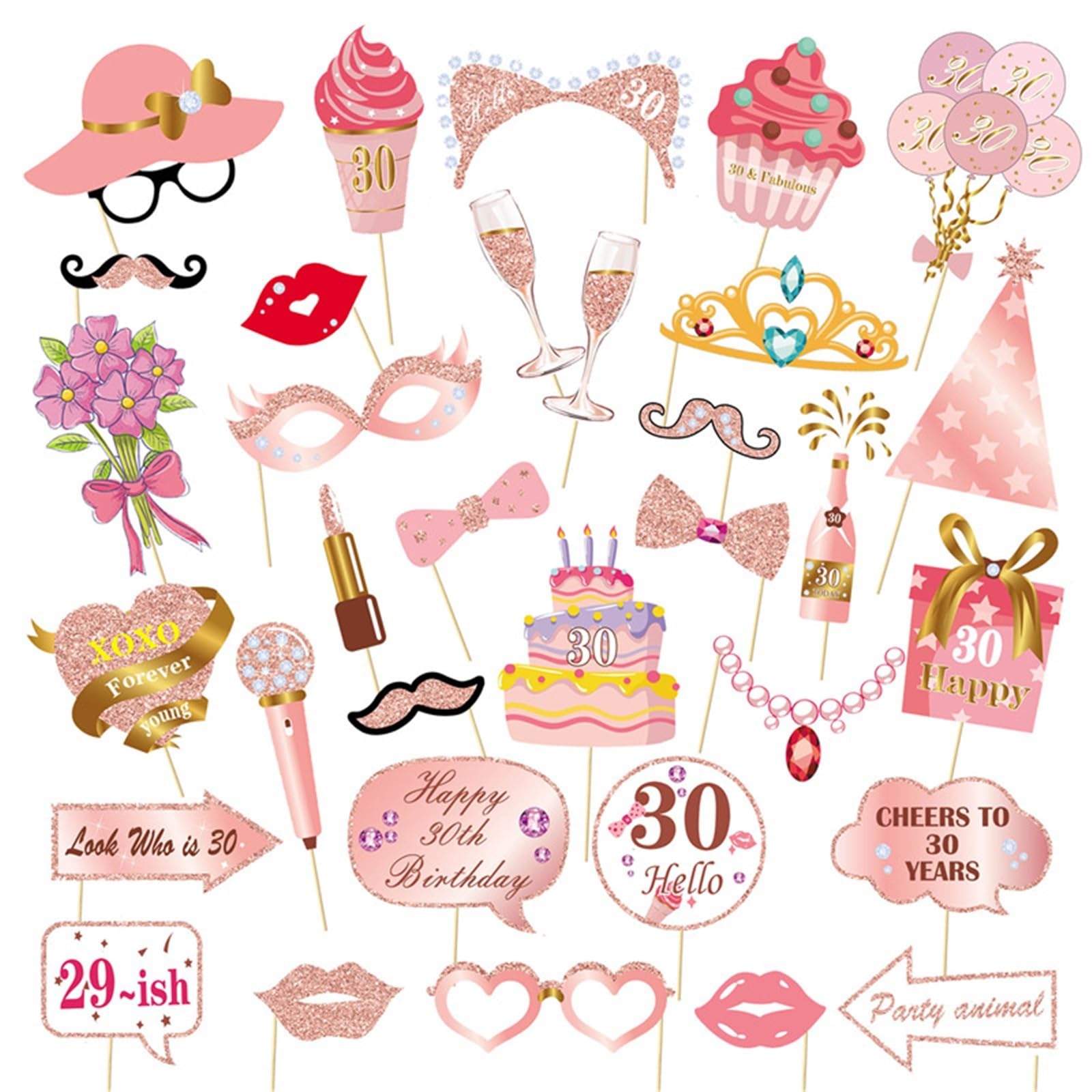 33Pcs Photo Booth Props for 16-60 Year Olds | Birthday & Anniversary Party Supplies for Women(30)