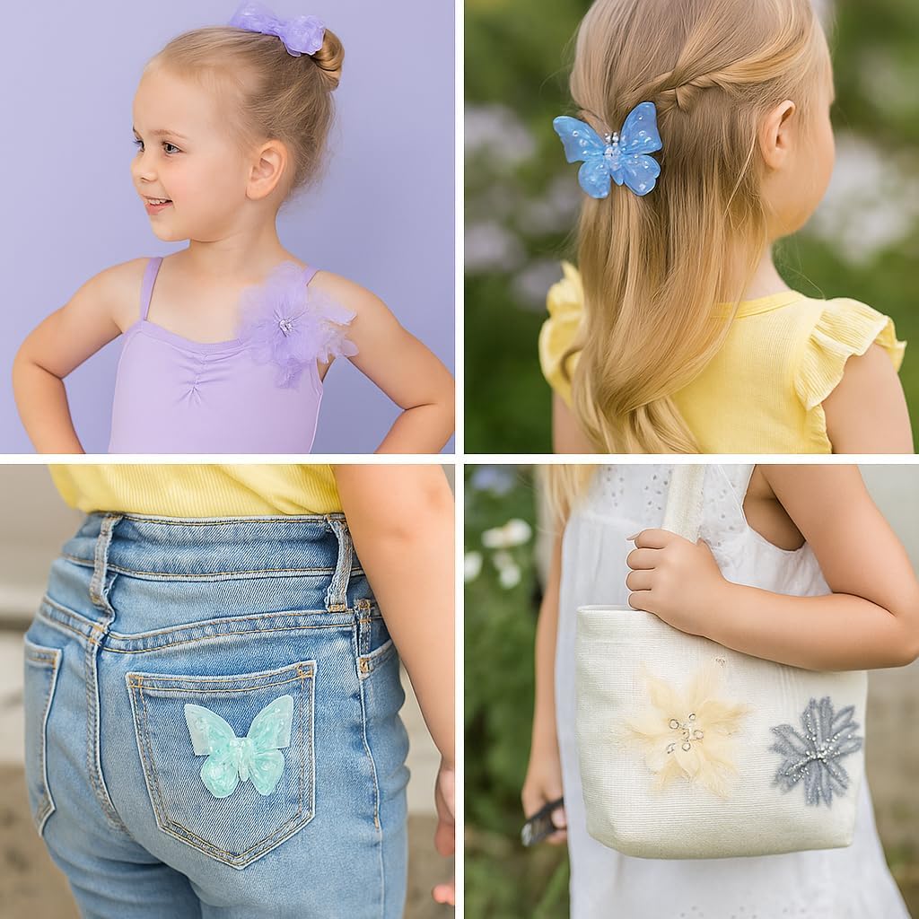 6 Pieces 3D Flower Lace Embroidery Butterflies Appliques Pearl Patches for Repairing and Decorating, Sewing Craft Clothing Jeans Jackets Bags (Pink)