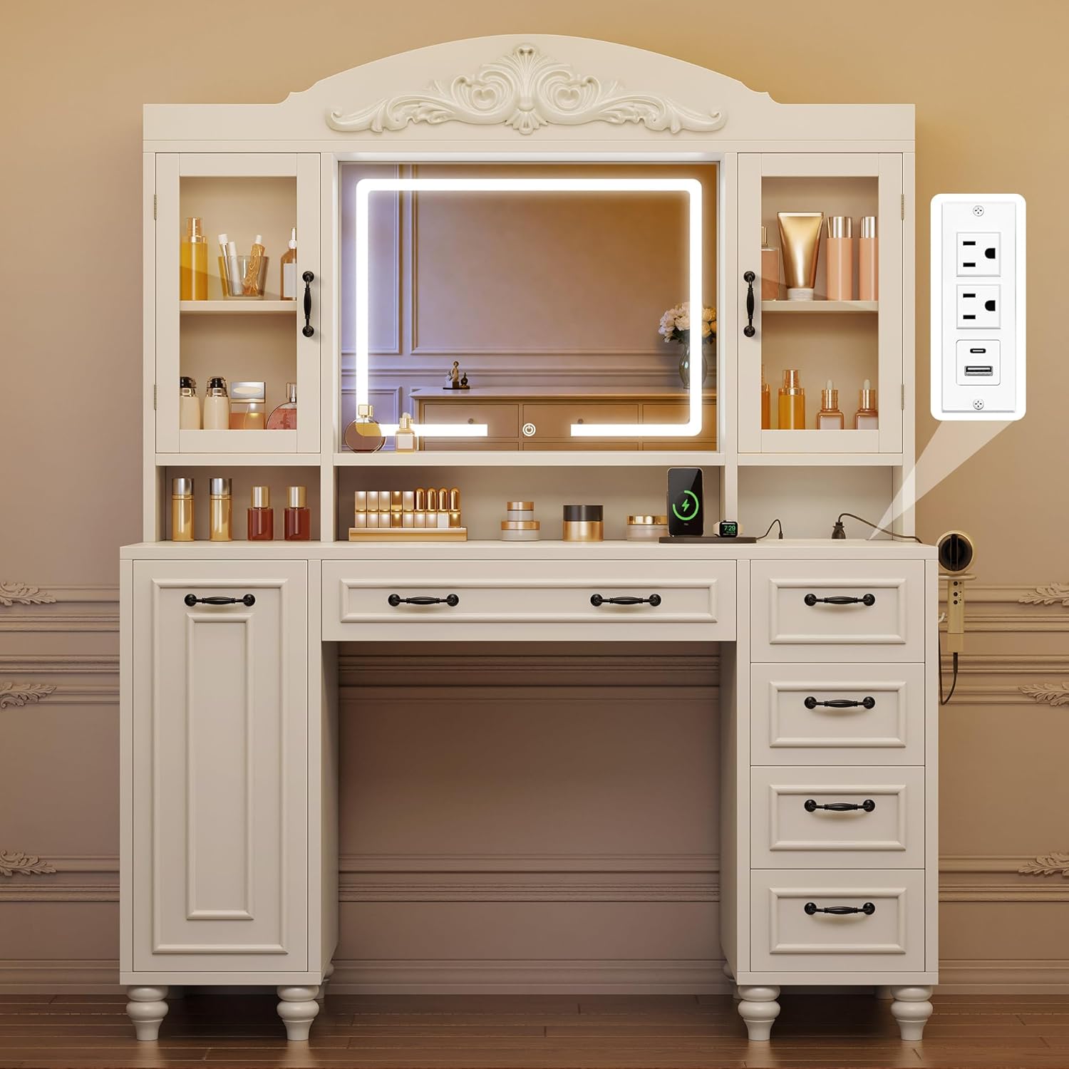 YITAHOME Makeup Vanity Desk with Mirror and Lights, Power Outlet, Glass Top Big Vanity Table with 9 Drawers and Storage Shelves, Vintage Style Dressing Table Set White