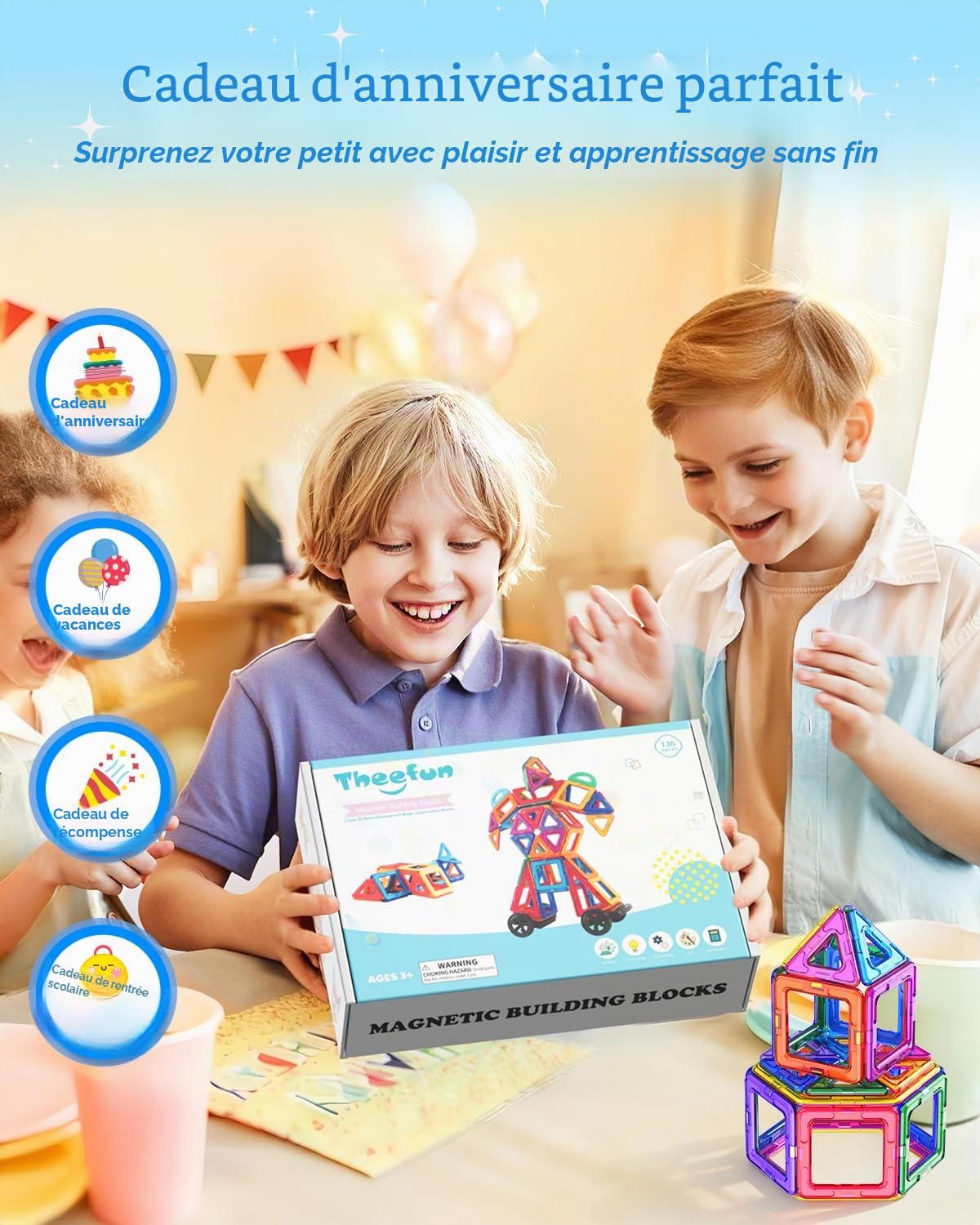 Theefun Construction Magnetique Enfant 136 Pièces, Blocs de Construction Magnétique Jeux de Construction Magnetique pour Garçons et Filles Créatif et éducatif pour Enfants de 3 4 5 6 7 Ans