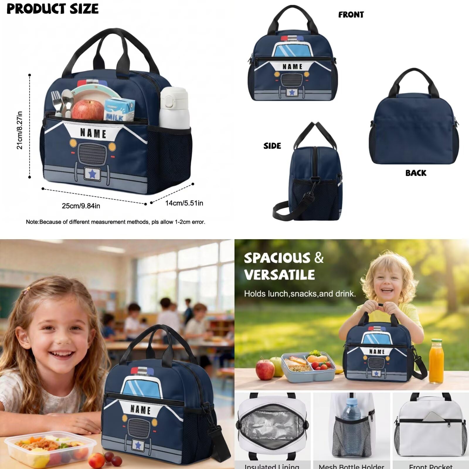 Set di 3 zaini per ragazzi da 3 a 5 anni, zaino scolastico e portapranzo per asilo e ragazzi, borsa per libri prescolari per la scuola, Aggiungi Nome Police Car, S, Classico