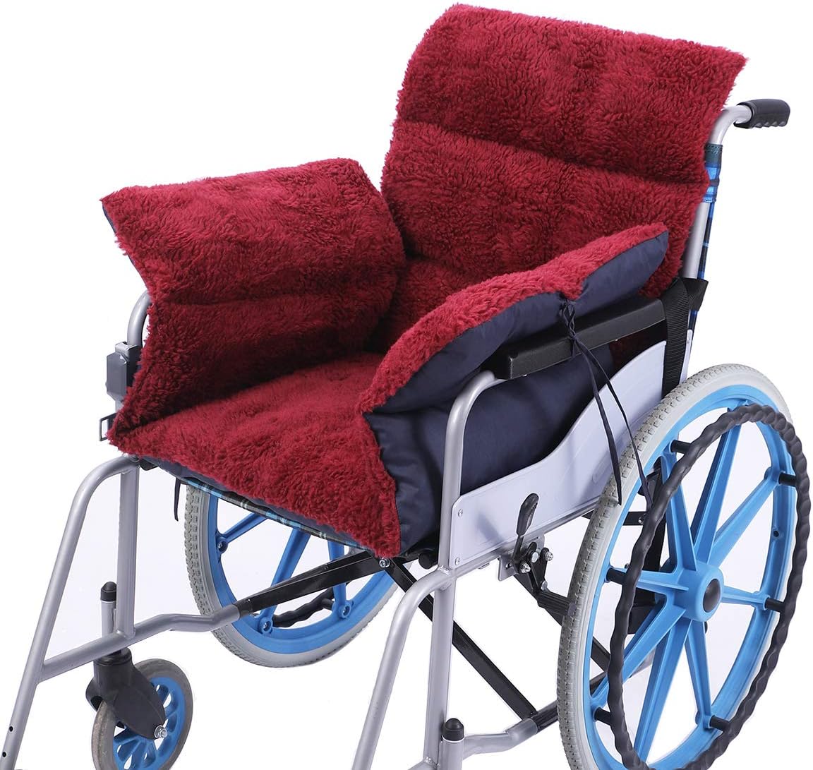 Wheelchair Cushion Soft Fleece Wheelchair Accessories Helps Prevent Pressure Armrest Covers and Supports Coccyx& Back,Non- Slip, Fits 18" Chair Warming(Deep red02)
