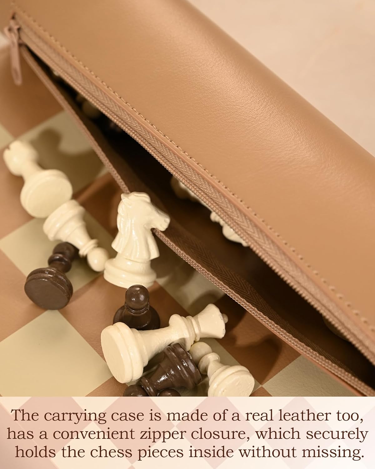 DN DECONATION Portable Travel Chess Set, Small Roll Up Chess Board with Resin Pieces, Traveling Chess Sets for Adults, Kids, Luxury Foldable Pocket Compact Game for Camping, Outdoor-Brown Leather Mat