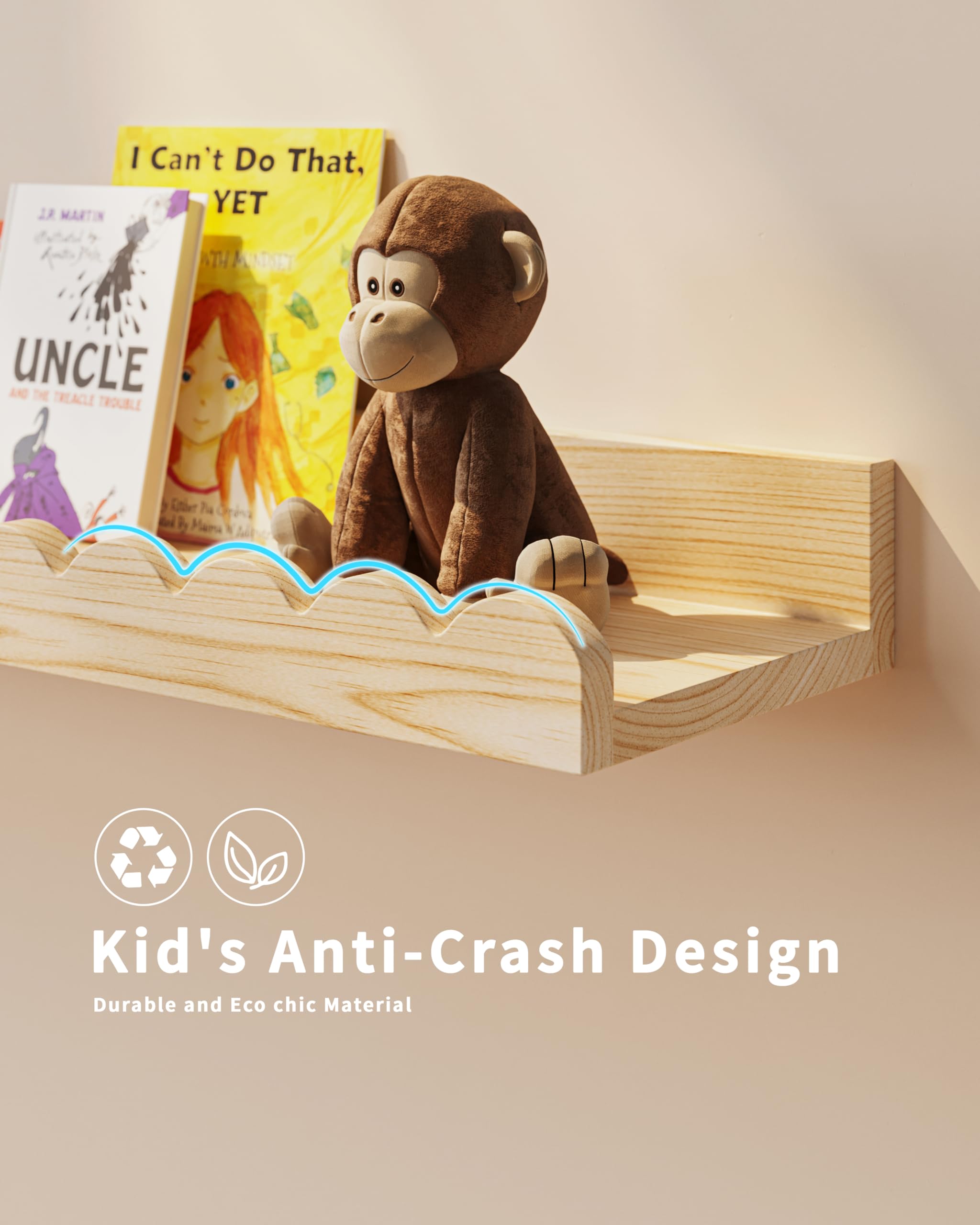 Nursery Book Shelves, 4-Pack Wood Floating Shelves for Wall Kids, Scalloped Shelves, Wall Book Shelves for Bedroom Kids, Toddler Room, Baby Room, Nursery Decor (Wood, 23 Inches)