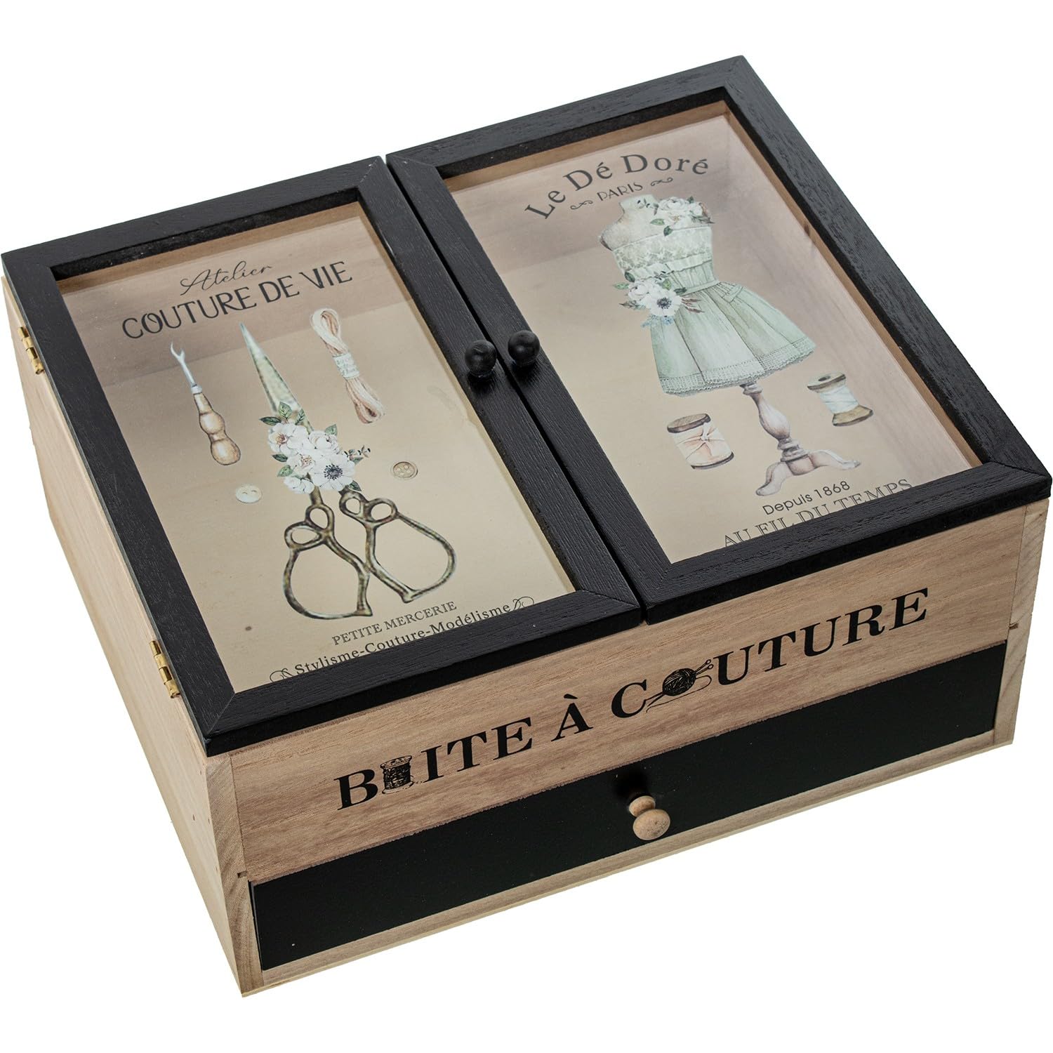 Costurero caja de costura de madera con tapa de cristal y 1 cajon en natural y negro 30x25x14 cm