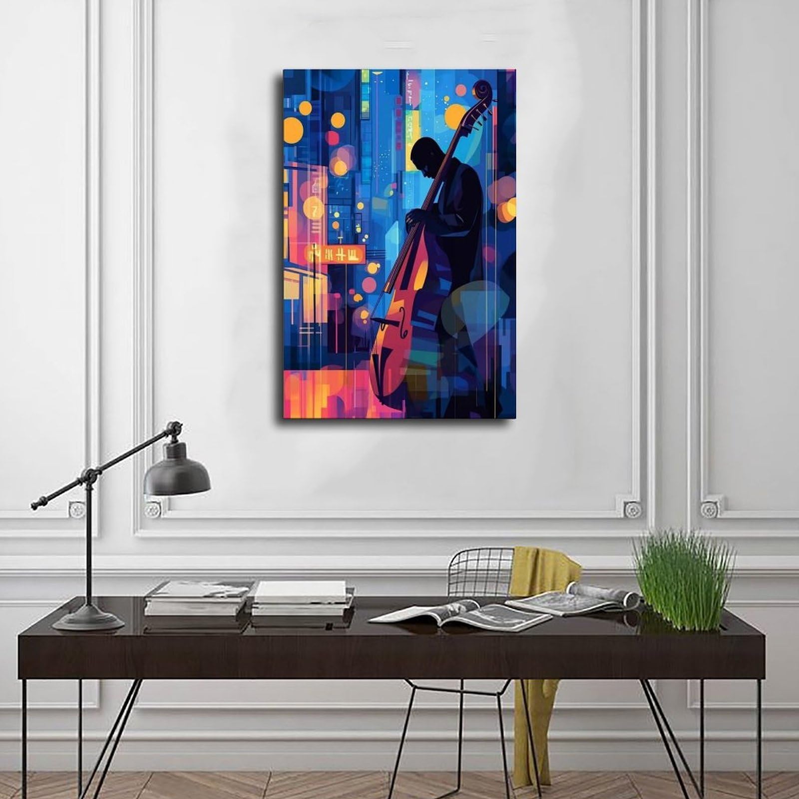 Illustrazione del bassista jazz, poster su tela con musica al neon, decorazione per camera da letto, ufficio, stanza, regalo, 61 cm L x 91,4 cm W