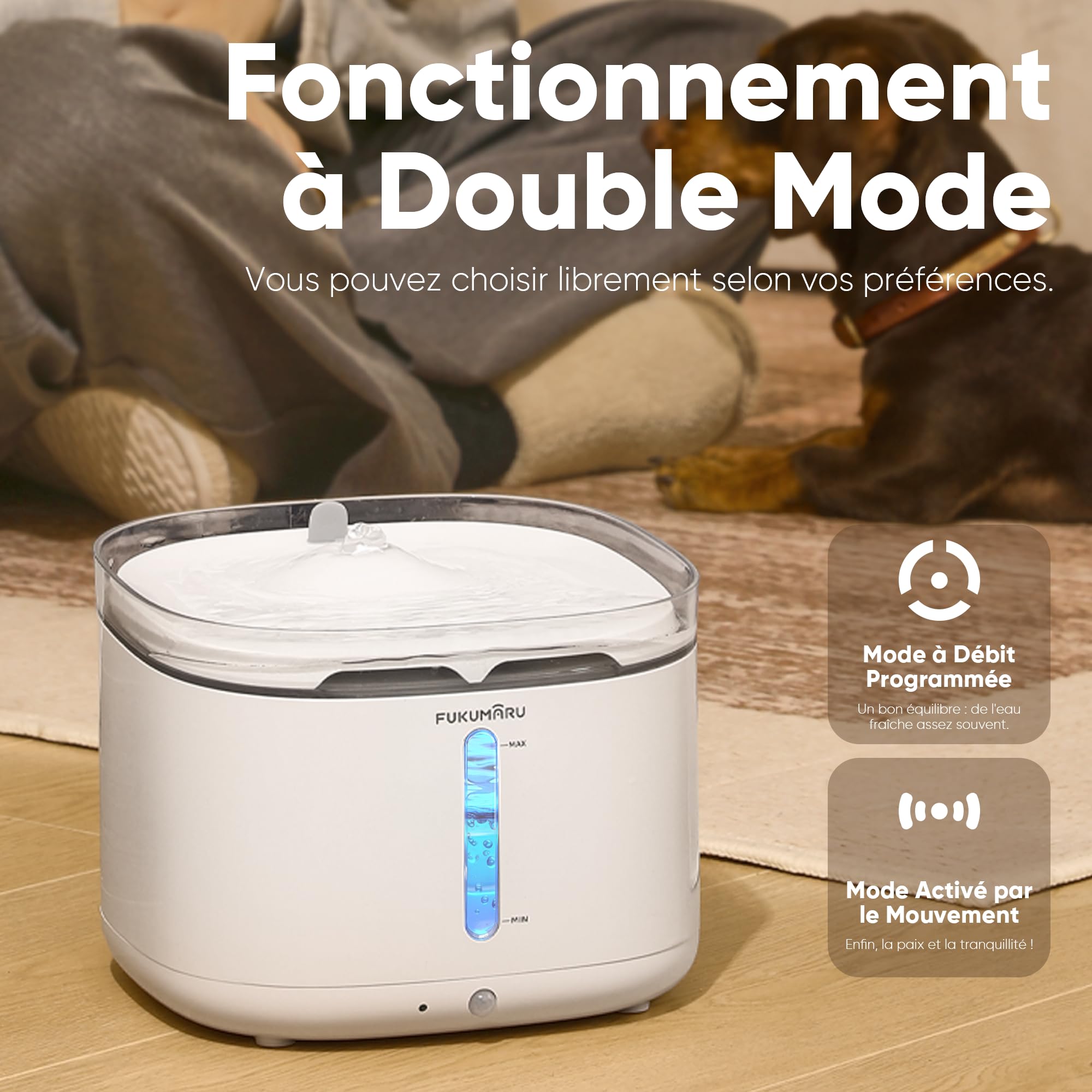 FUKUMARU Fontaine à Eau Chat, 2L Ultra-Silencieuse à Détecteur de Mouvement sur Batterie, Distributeur d'eau Silencieux avec Éclairage LED Intelligent, Abreuvoir Automatique pour Chat