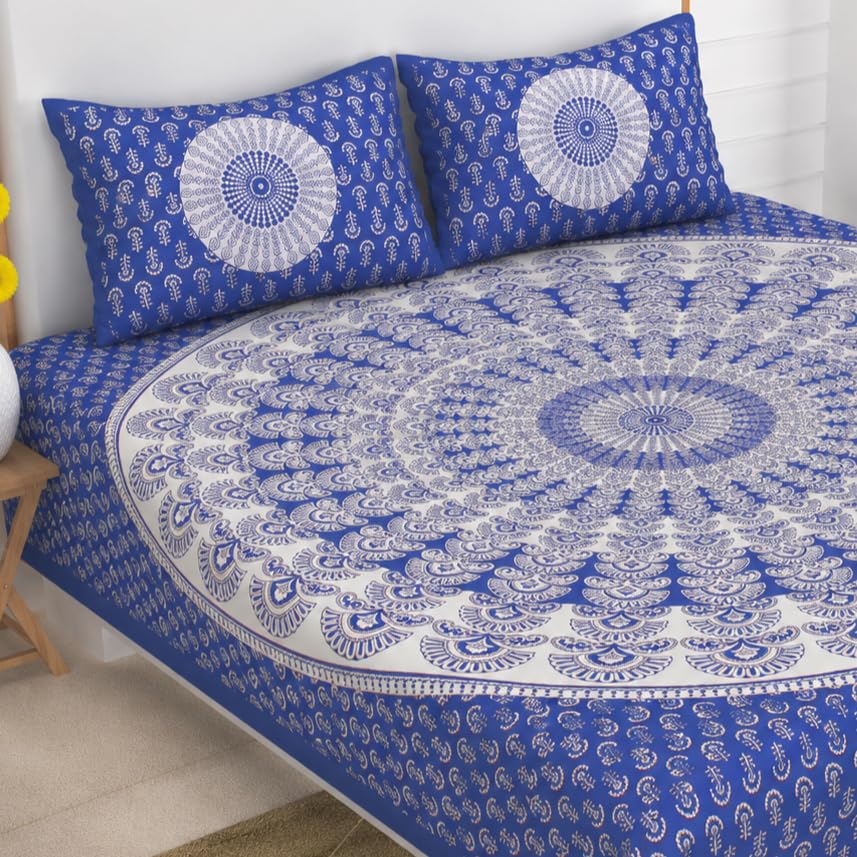 Image of JAIPUR PRINTS 100% Cotton Bedsheet for Double Size Bed bedsheets Rajasthani Jaipuri Printed Double Size Bedsheet with 2 Pillow Cover / 90x100 inch / 235x215 cm / (Blue & White)