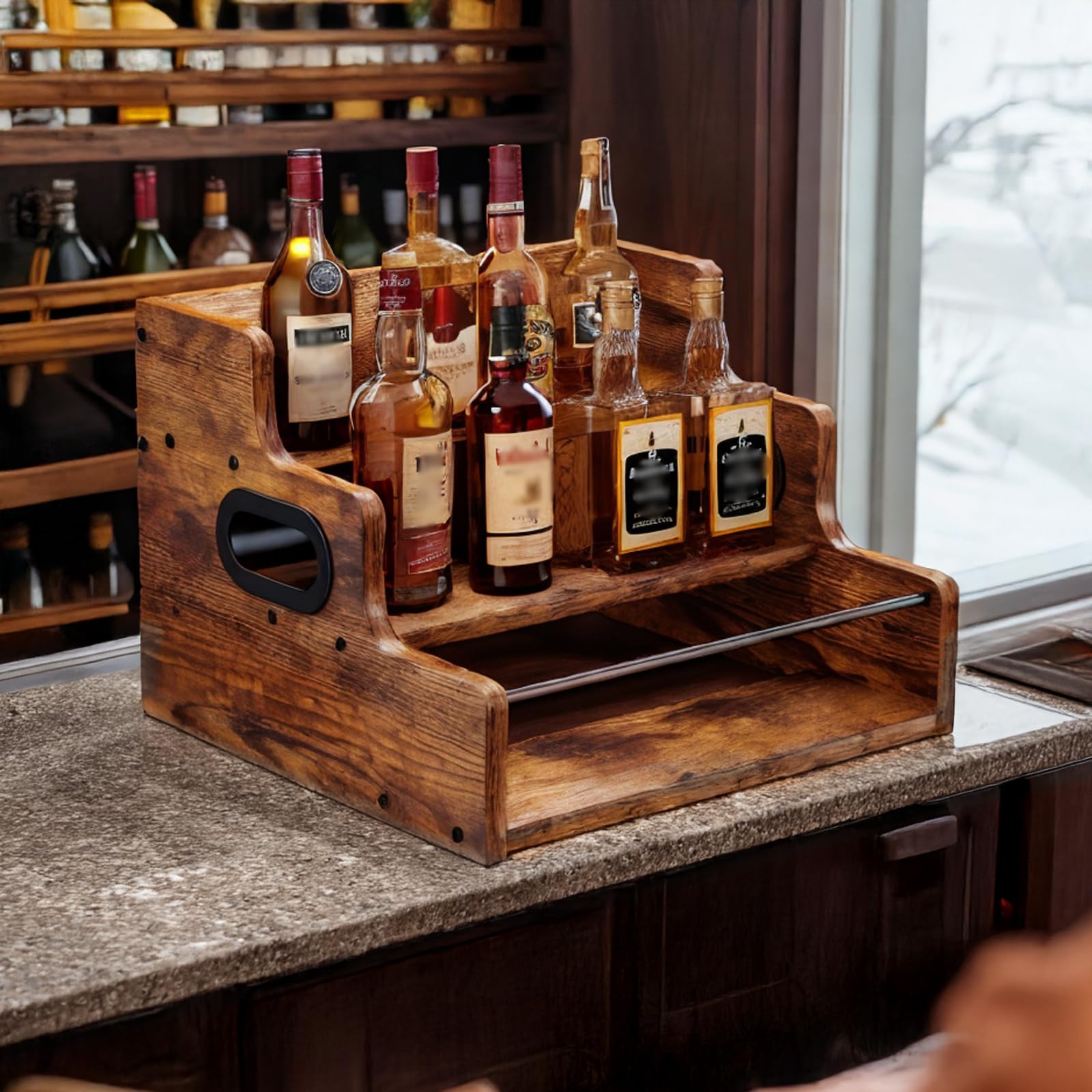 Scaffale per bottiglie di liquori, 3 ripiani, in legno, con vassoio per bottiglie di liquori, 12 bottiglie, per whisky, alcool, bevande