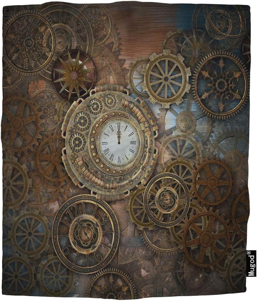 MugodClock and Gears Throw Blanket Rusty Steampunk Clock and Gears Bronze Old Vintage Soft Cozy Fuzzy Warm Flannel Blankets Decorative for Baby Toddler Swaddle Dog Cat 30X40 Inch