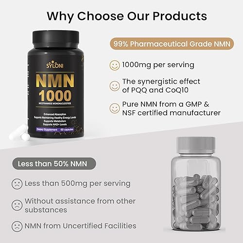 Miniatura 4 de Suplemento NMN de 1000 mg, 99% puro para suplemento NAD+, 60 cápsulas de mononucleótido de nicotinamida para aumentar los niveles de NAD, aumentar