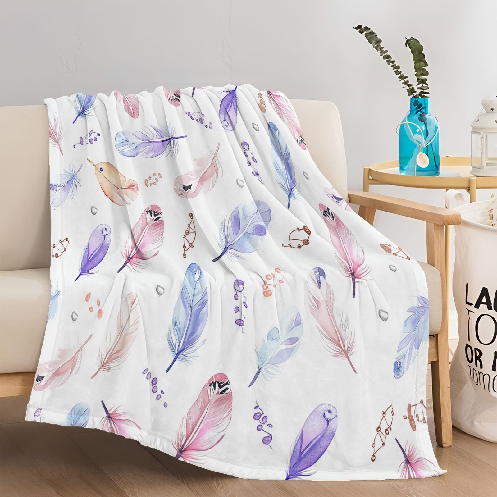 Koc polarowy czeski z akwarelowymi piórami koc flanelowy, gruby miękki ciepły ciepły koc polarowy na sofę łóżko biały koc zimowy 180 x 220 cm
