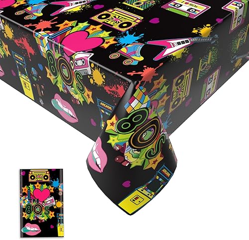 Mantel de los años 80, mantel rectangular de regreso a los 80, decoración de fiesta de hip hop de los años 80, mantel de plástico negro de los años