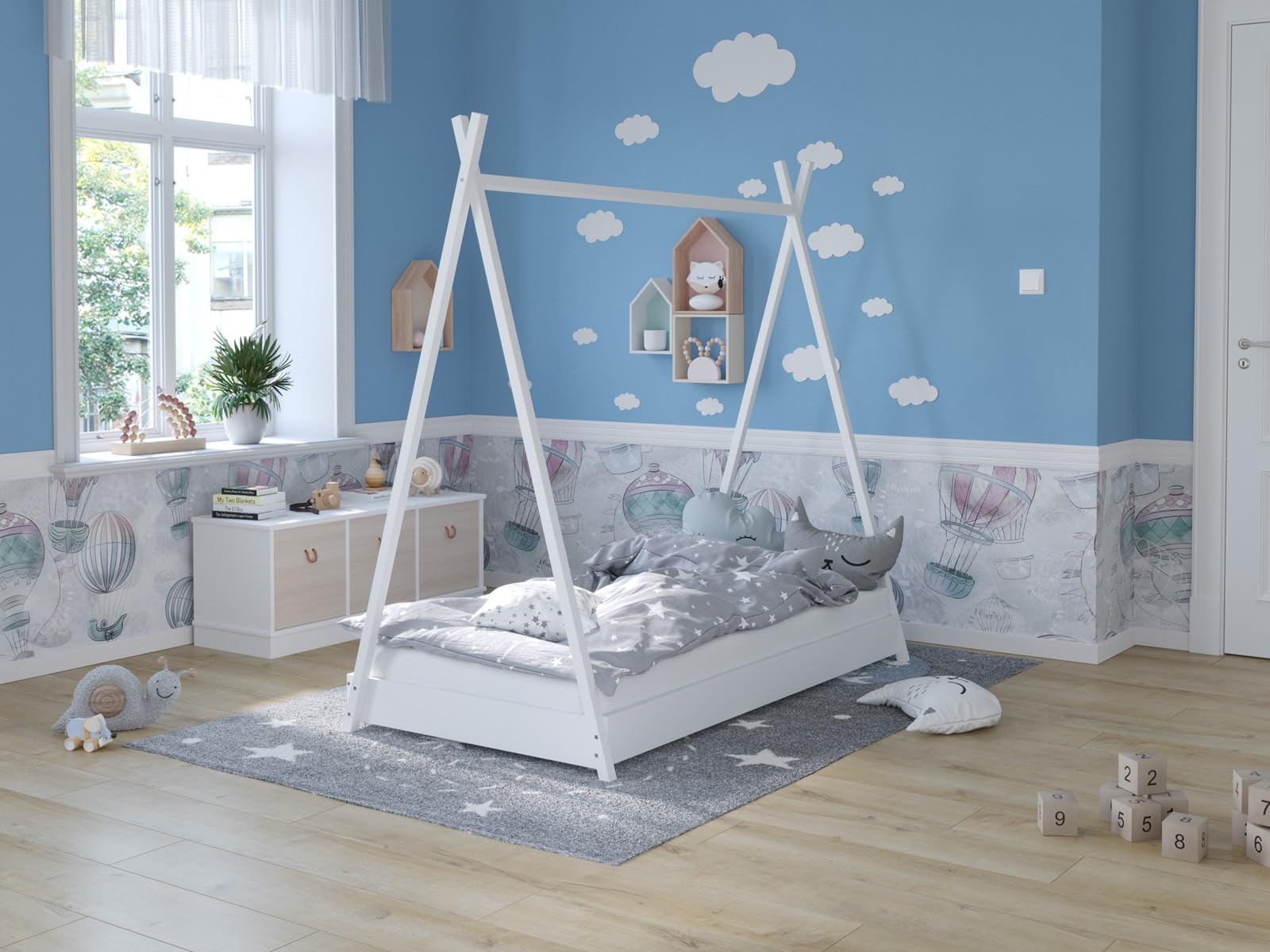 Love For Sleep Cuna Convertible en Cama 160x80cm Cama con Forma De Casa, Estructura De Cama Infantil, Cama Acogedora para Niños Pino JUNBED Juego Completo de Cuna - Cuna Cama Bebe Convertible