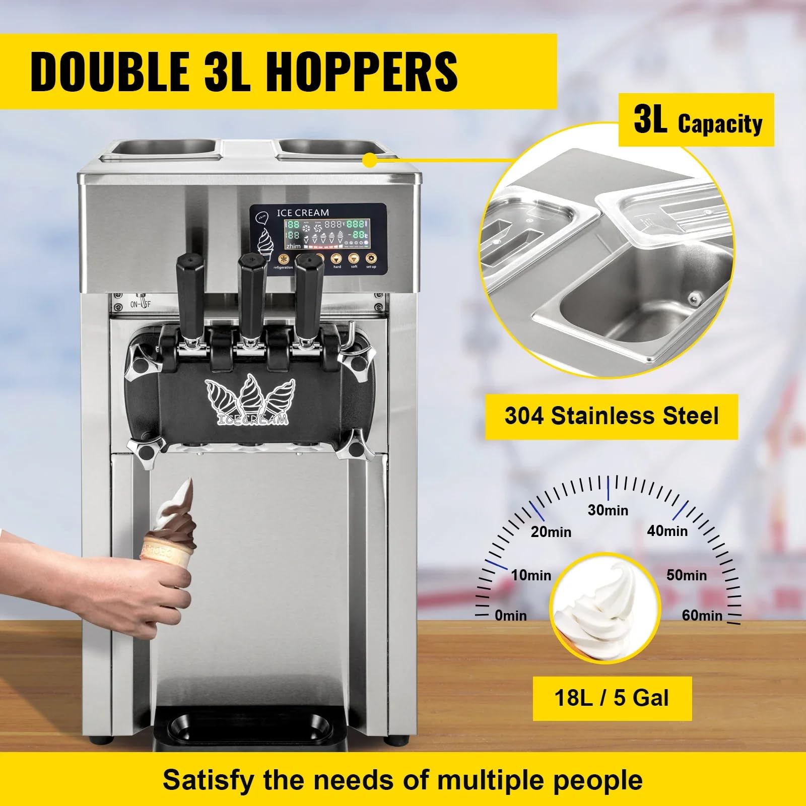 Máquina de Helados Comercial 2X3L 1200W 18L/h 3 Sabores Máquina para Hacer Helados servicio suave con Panel LCD Limpieza Automática para Yogur Café Snack-bars Restaurante Mercado Tienda