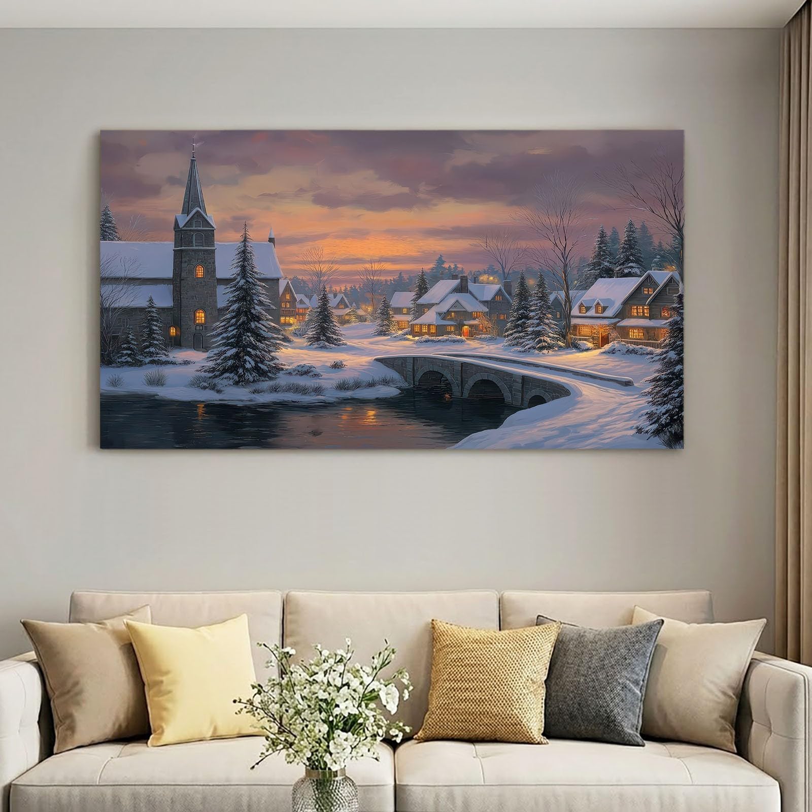 Deco Cadre Décoration Salon Ville sous la neige Impression sur Toile 100L x 75W cm Image Tableau Decoration Murale Chambre Cuisine Église d'Hiver Horizontal Art Wall Tableaux Decoratifs Muraux