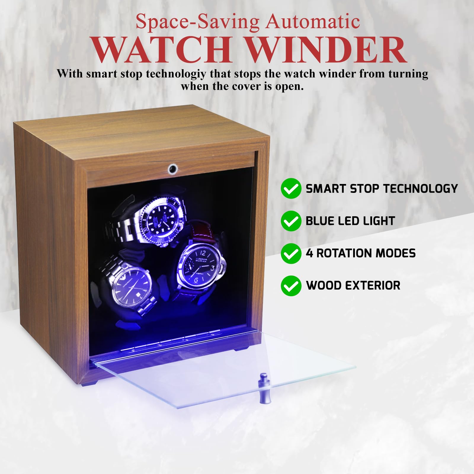 GAIN EXPRESS Uhrenbeweger für Automatikuhren, 3er Set Uhrenbeweger aus Holz, 4 Modus Uhrenbeweger mit Leisem Japanischem Motor, LED Uhrendreher mit Schaumstoffkissen, Netzteil für Herren