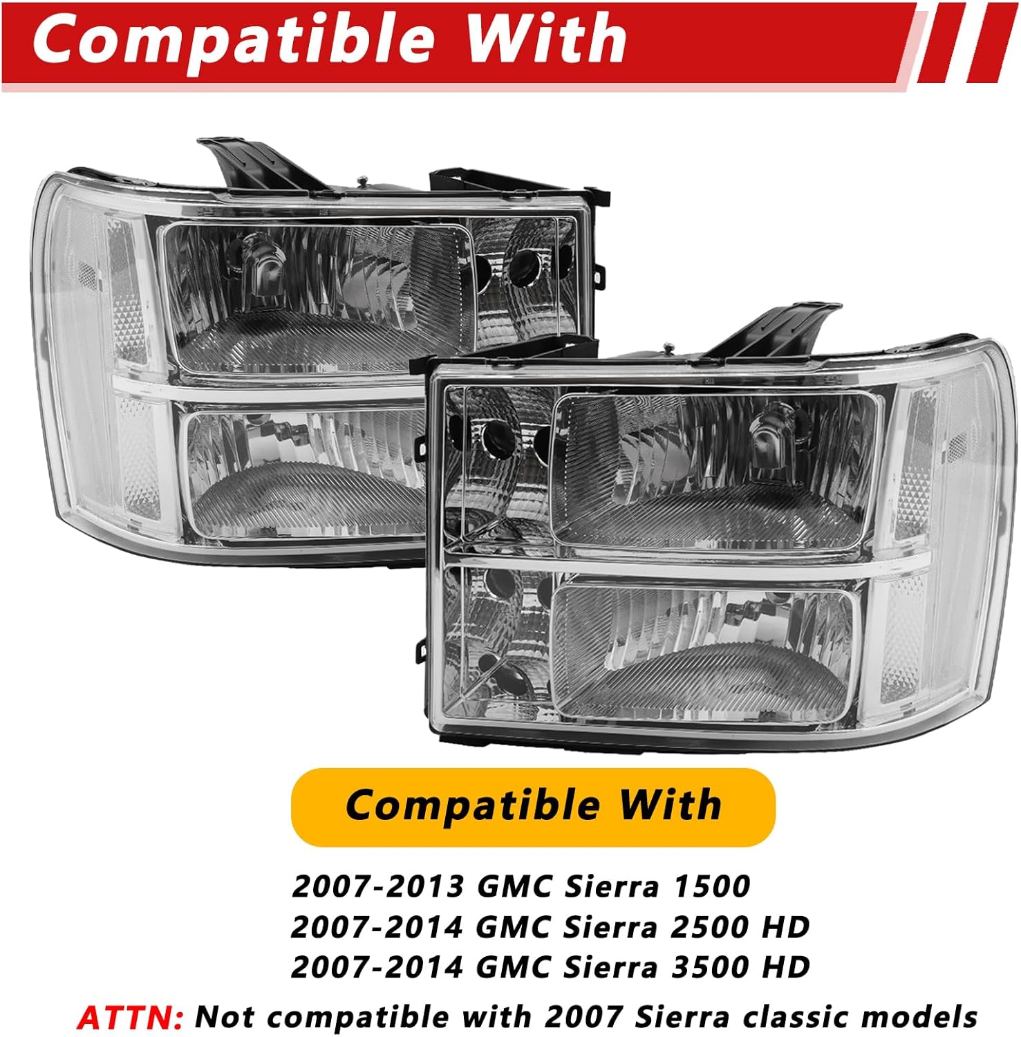 Headlight Assembly Compatible with 2007-2013 GMC Sierra 1500, 07-14 Sierra 2500HD 3500HD Driver and Paseenger Side Truck Clear Lens Chrome Housing